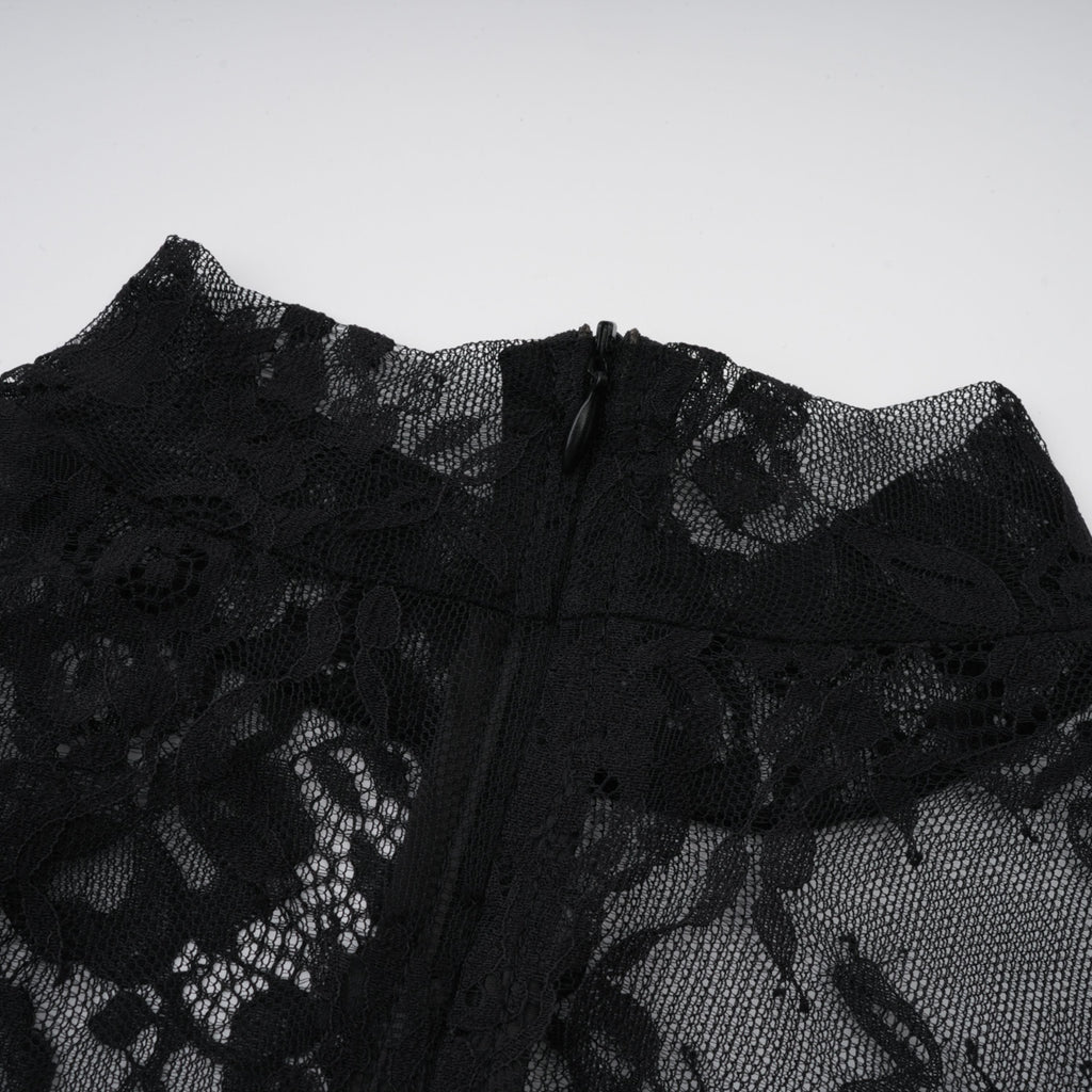 Roxane black floral-lace ruffled maxi dress