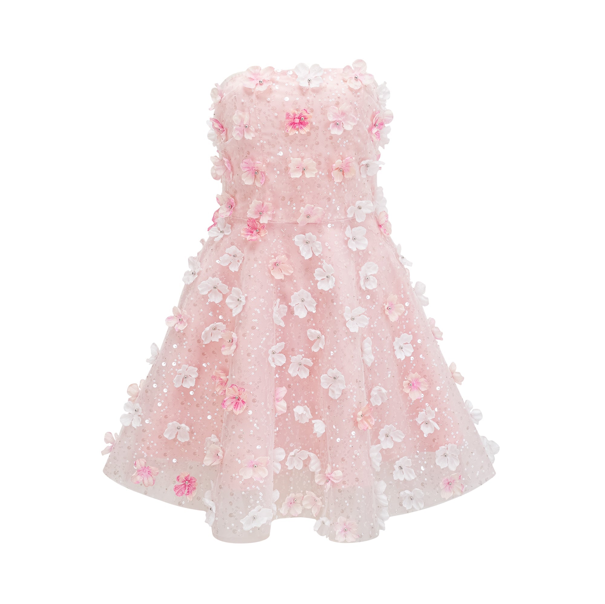 Vestido mini puffy Lilou 3D-petal, estilo elegante y femenino, en color rosa con detalles de pétalos en la parte superior.