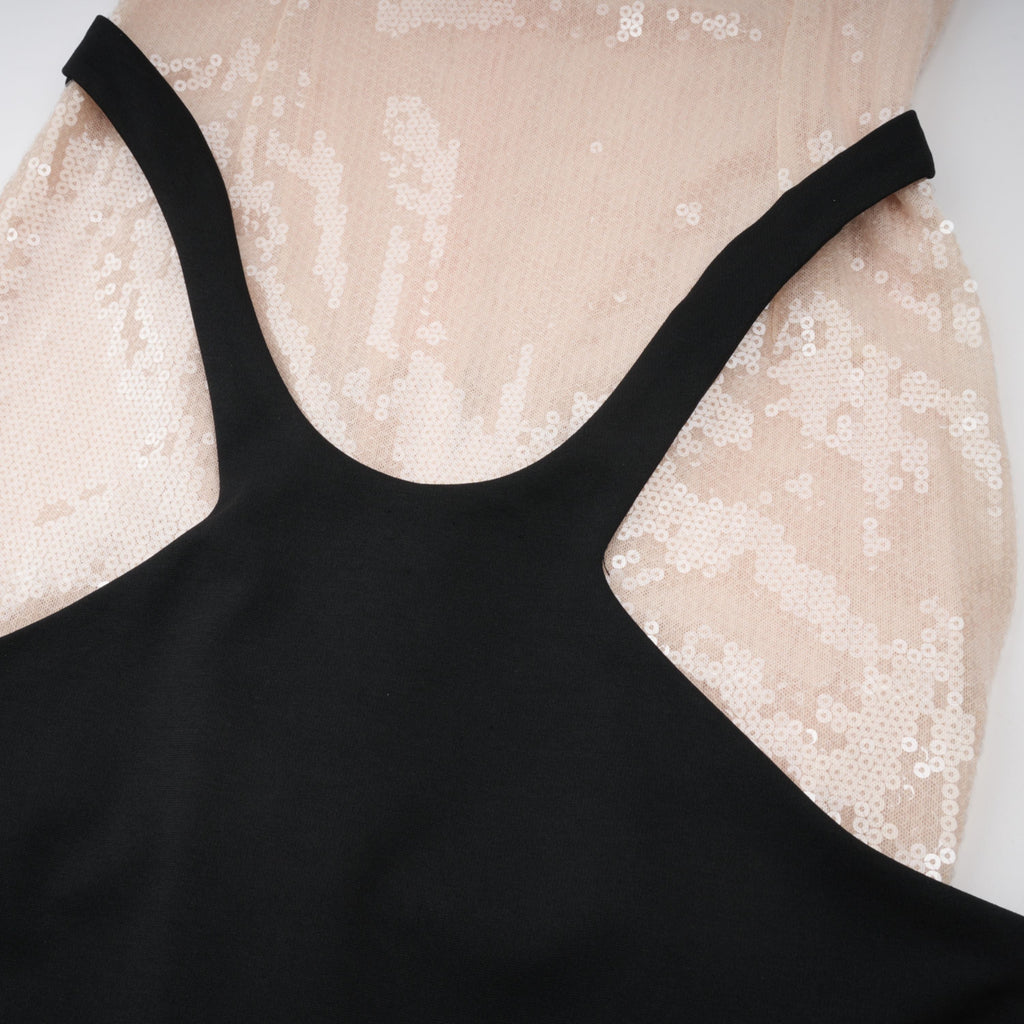 Vestido maxi negro de corsé con paneles y lentejuelas de la marca Final Sale, con detalles brillantes y ajuste ajustado.