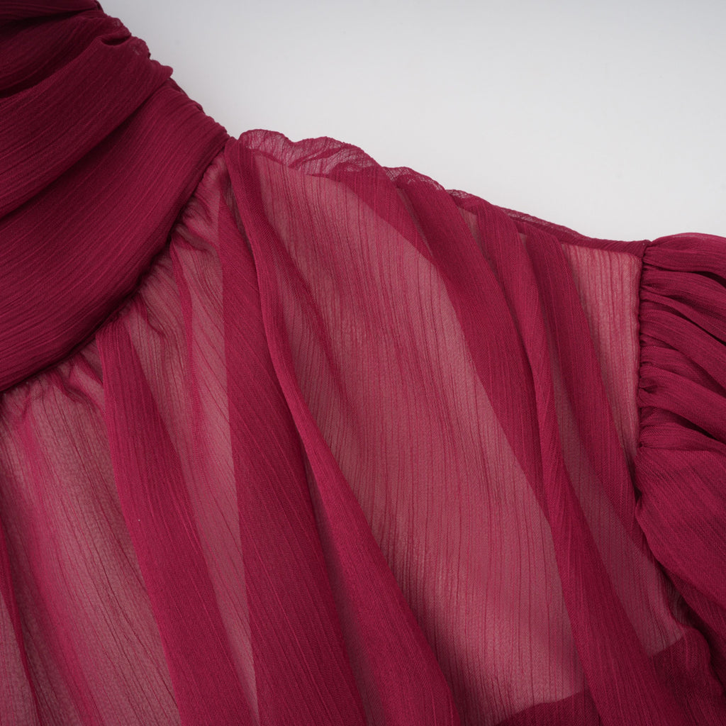 Éléna Burgundy Asymmetrical Ruffled Tulle Mini Dress