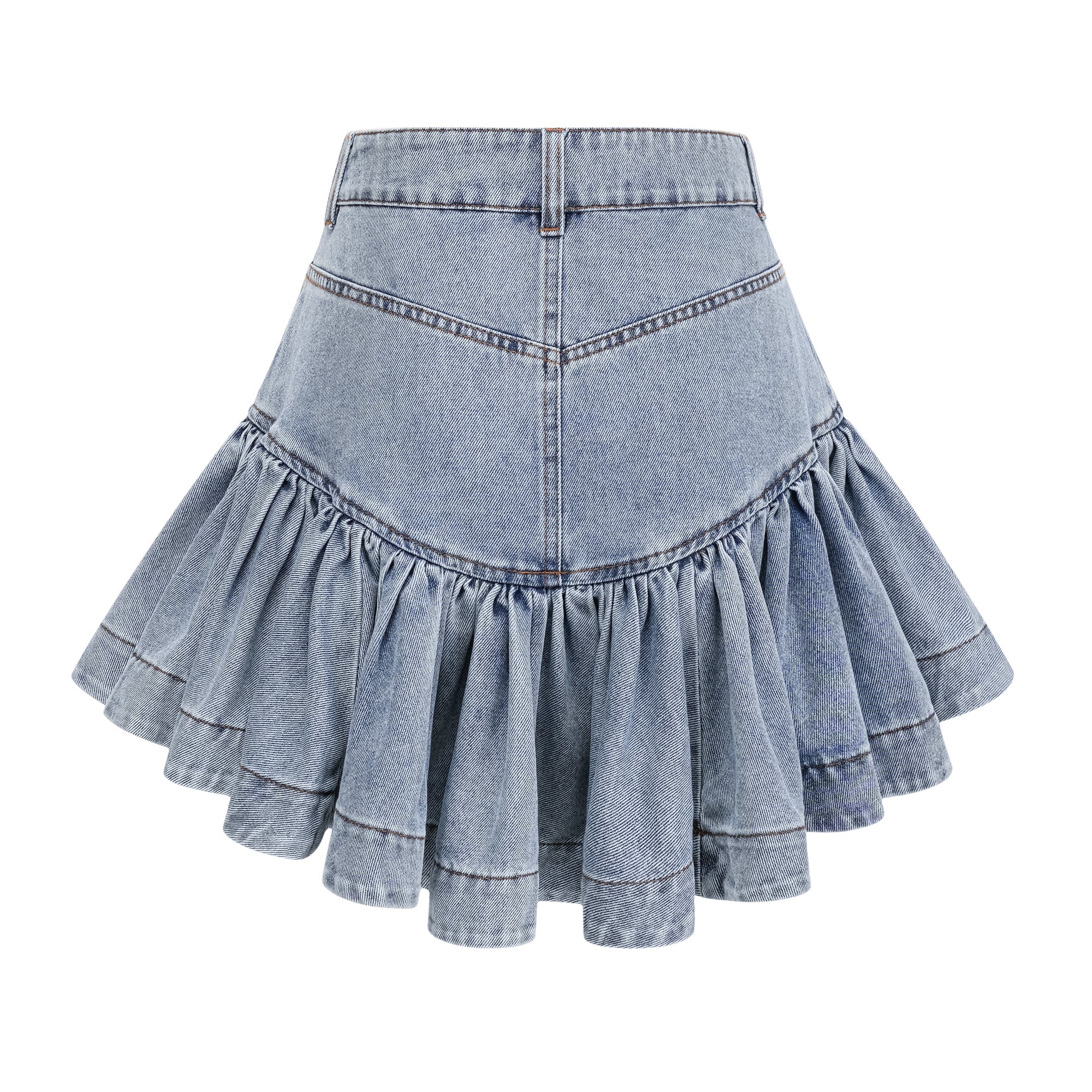 Falda denim mini con volantes en azul claro de la marca Final Sale, con detalles ruffled y estilo casual y moderno.