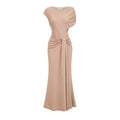 Vestido maxi dorado asimétrico y plisado Rosalie de Final Sale, con diseño elegante y detalles en la tela.