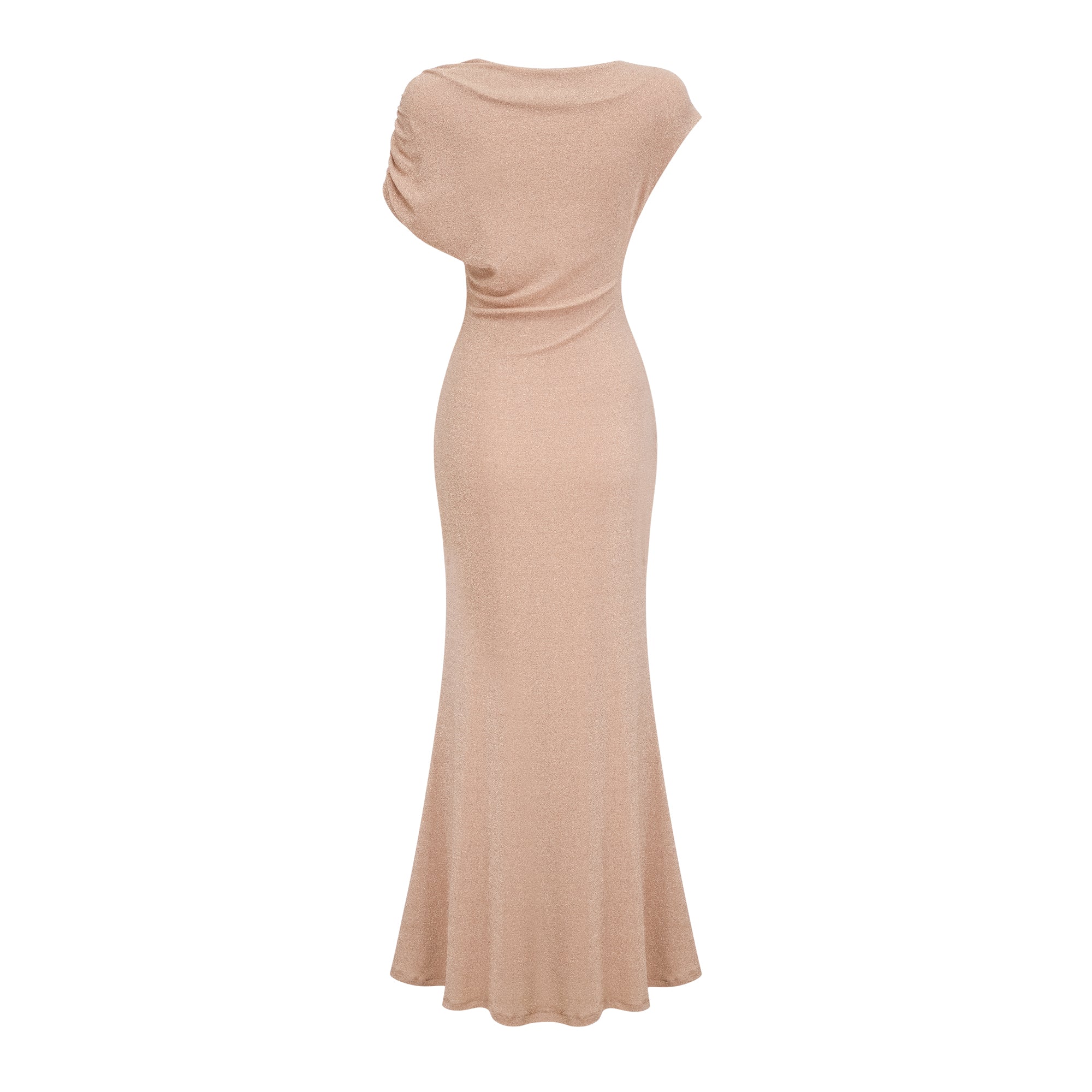 Vestido maxi asimétrico dorado Rosalie con pliegues, estilo elegante y largo, de la marca Final Sale.
