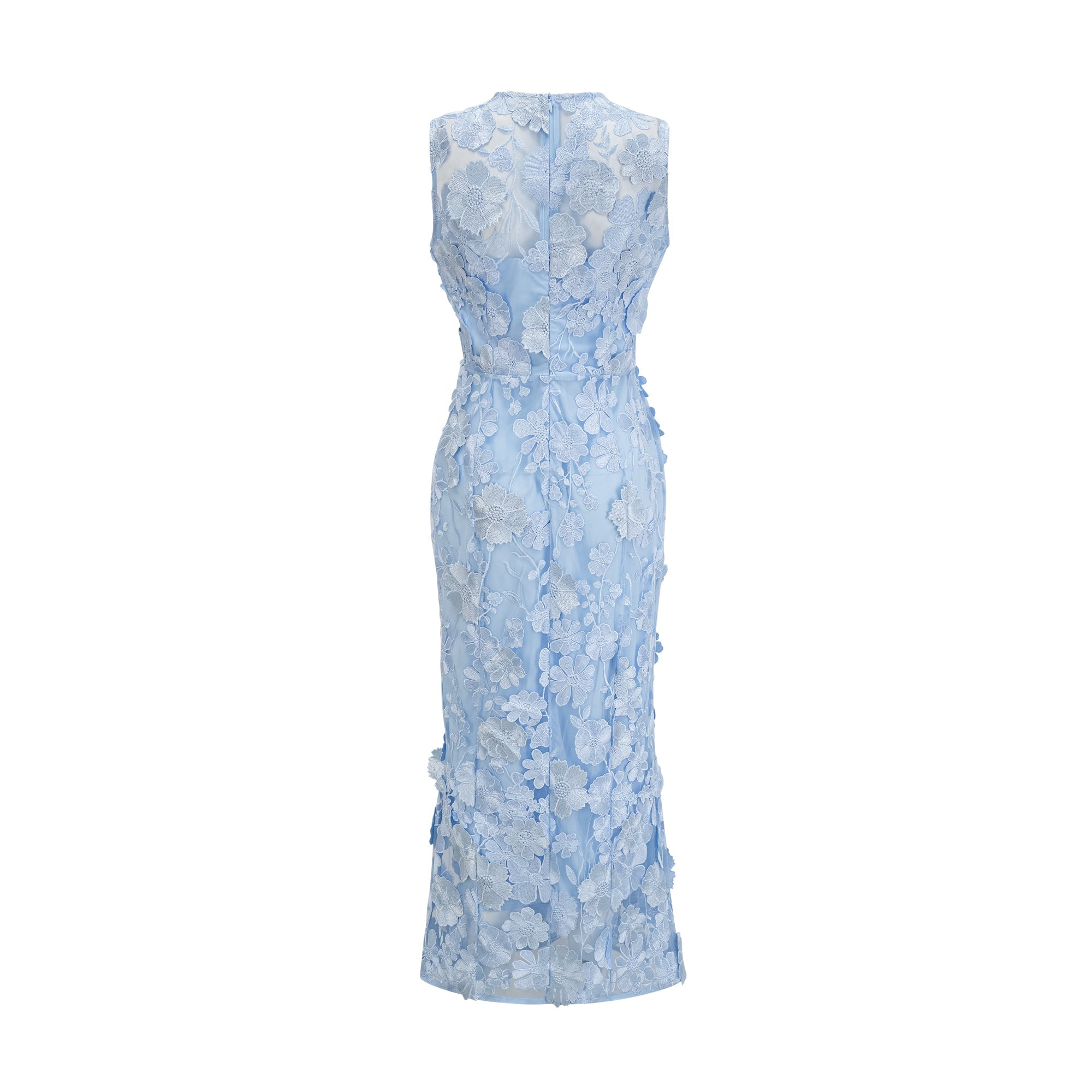Vestido midi azul con bordado floral de Herta, de tela ligera y estilo elegante, visible en la imagen.