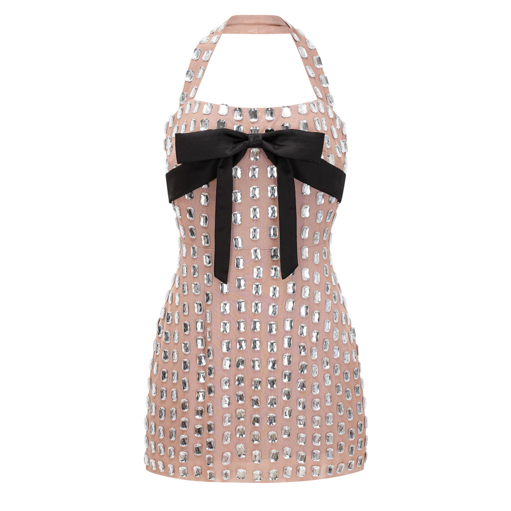 Vestido mini plateado Giustina con tirantes, lazo en el escote y detalles de cristal, estilo elegante y moderno.