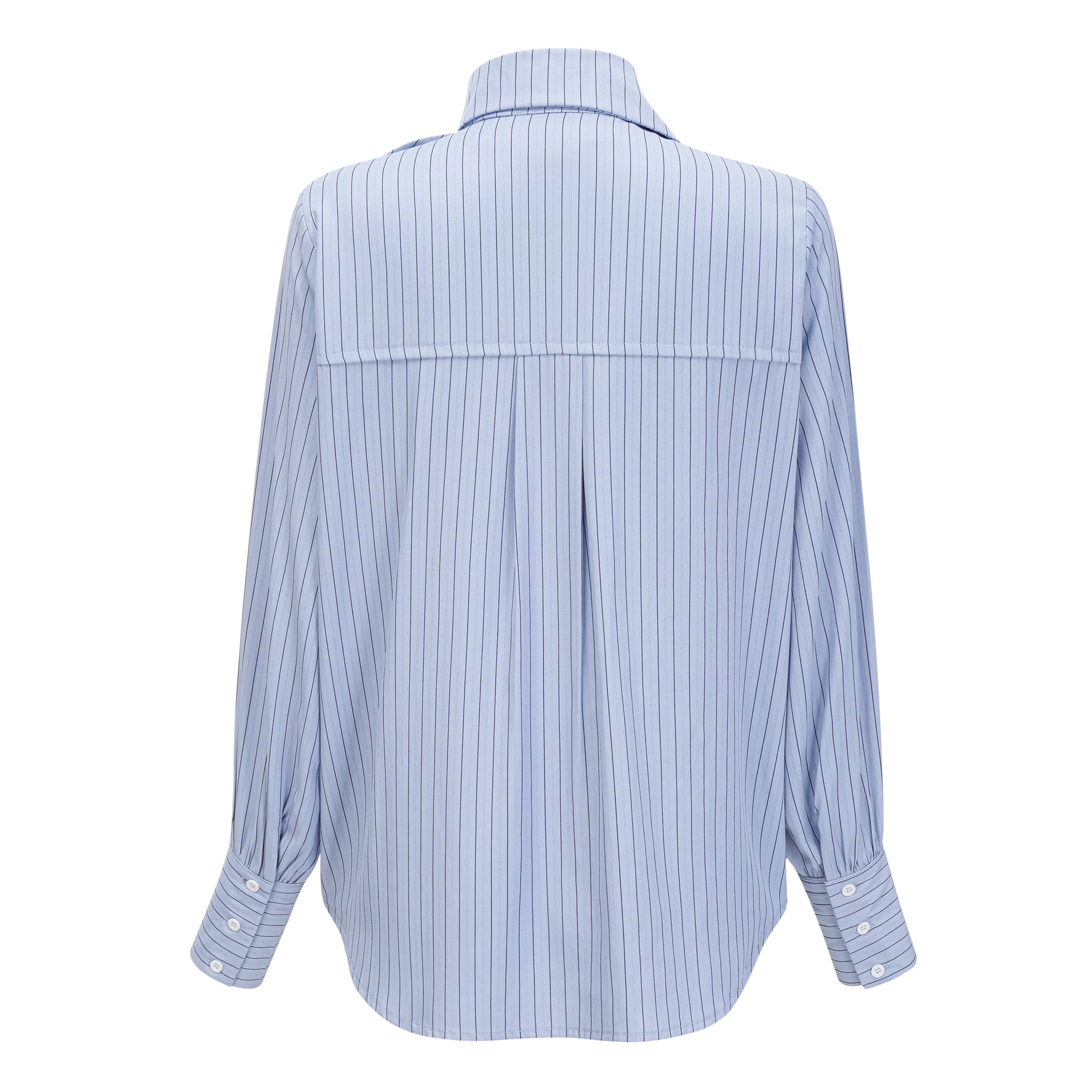 Camisa de seda azul Torhild 3D con estampado de rayas finas y detalles en pétalos, marca Bridal.