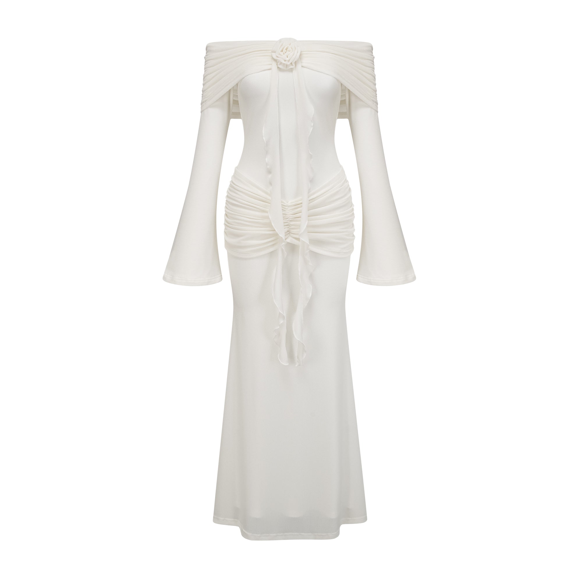 Vestido maxi de punto blanco con apliques florales y purpurina de la marca Final Sale, diseñado para ocasiones elegantes.