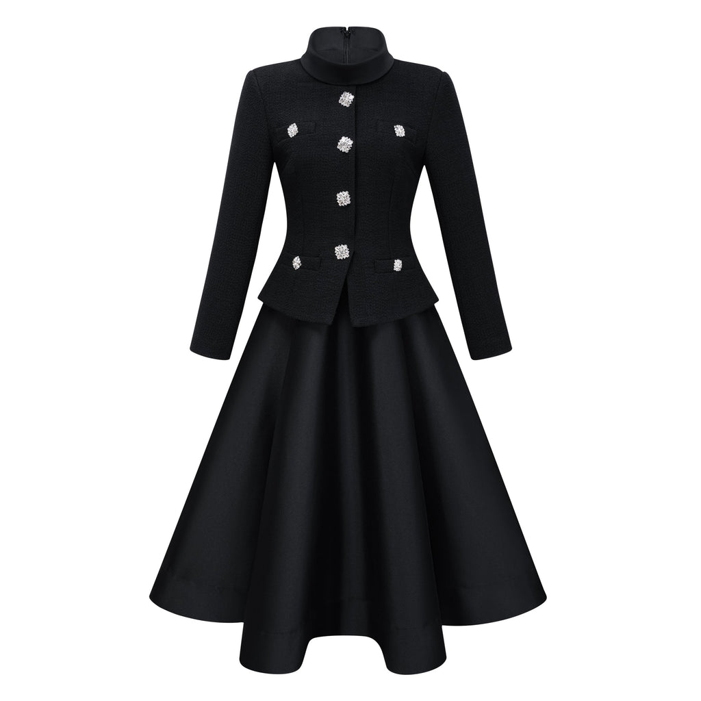 Lorelei Black High Neck Tweed Midi Dress