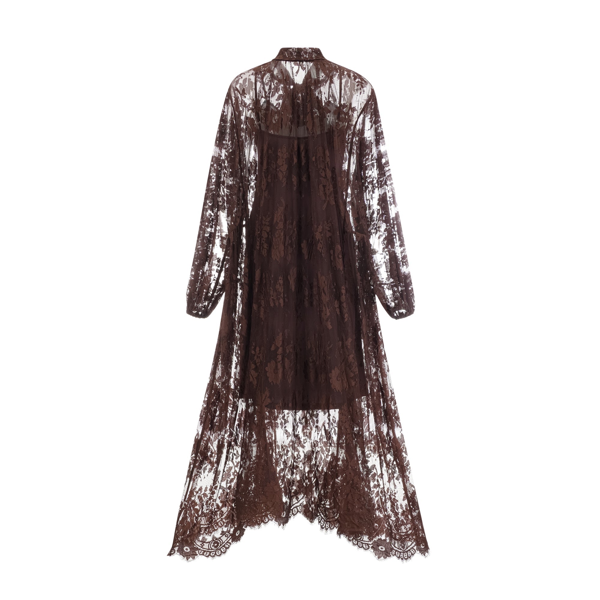 Vestido midi acampanado de encaje chantilly marrón Sylvie, diseño elegante con falda fluida y detalles delicados.