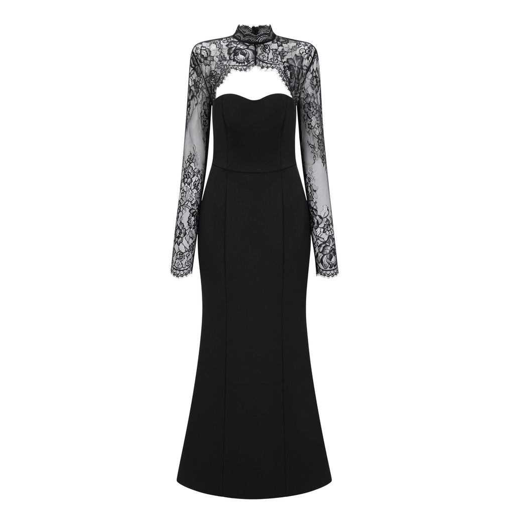Vestido largo de novia Bokamoso con panel de encaje negro y diseño elegante, mostrado en una imagen con detalles finos.