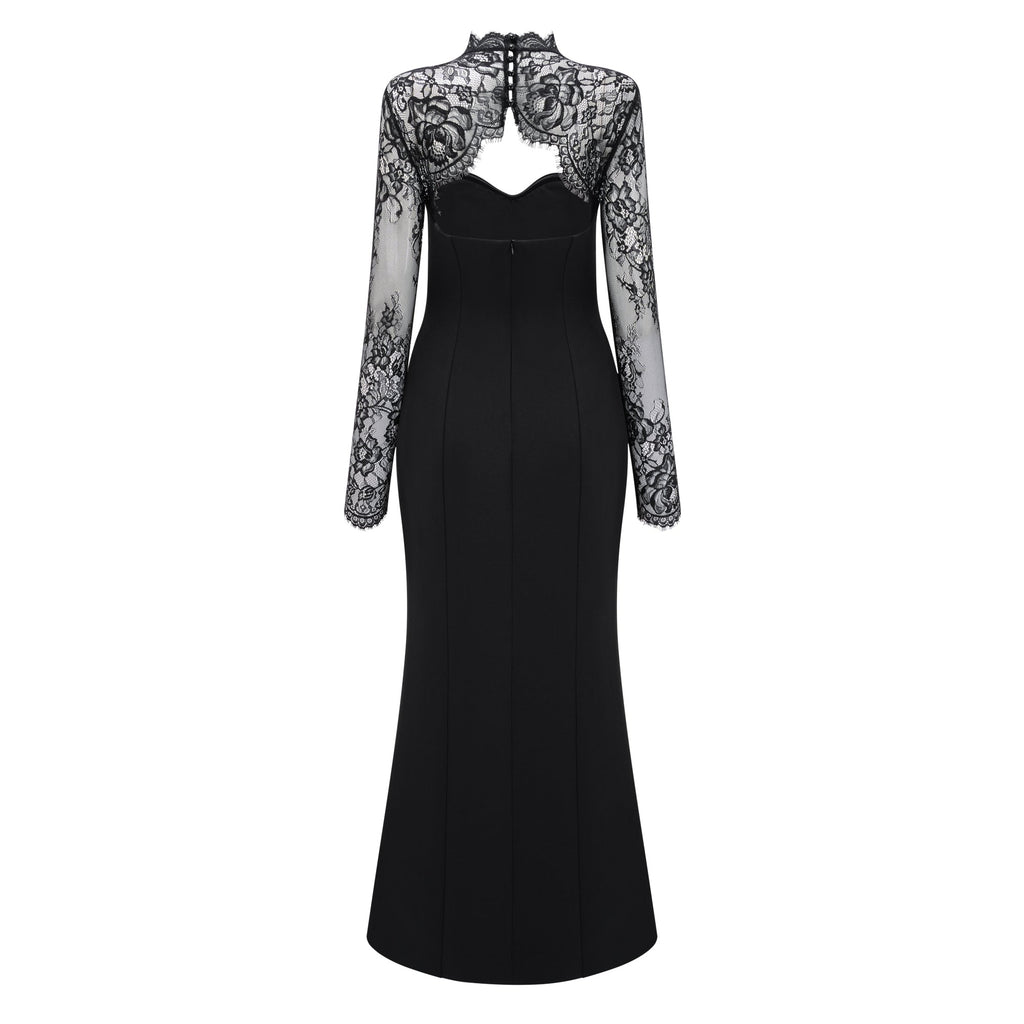 Vestido de noche largo negro con panel de encaje de la marca Bridal, elegante vestido maxi con detalles de encaje.