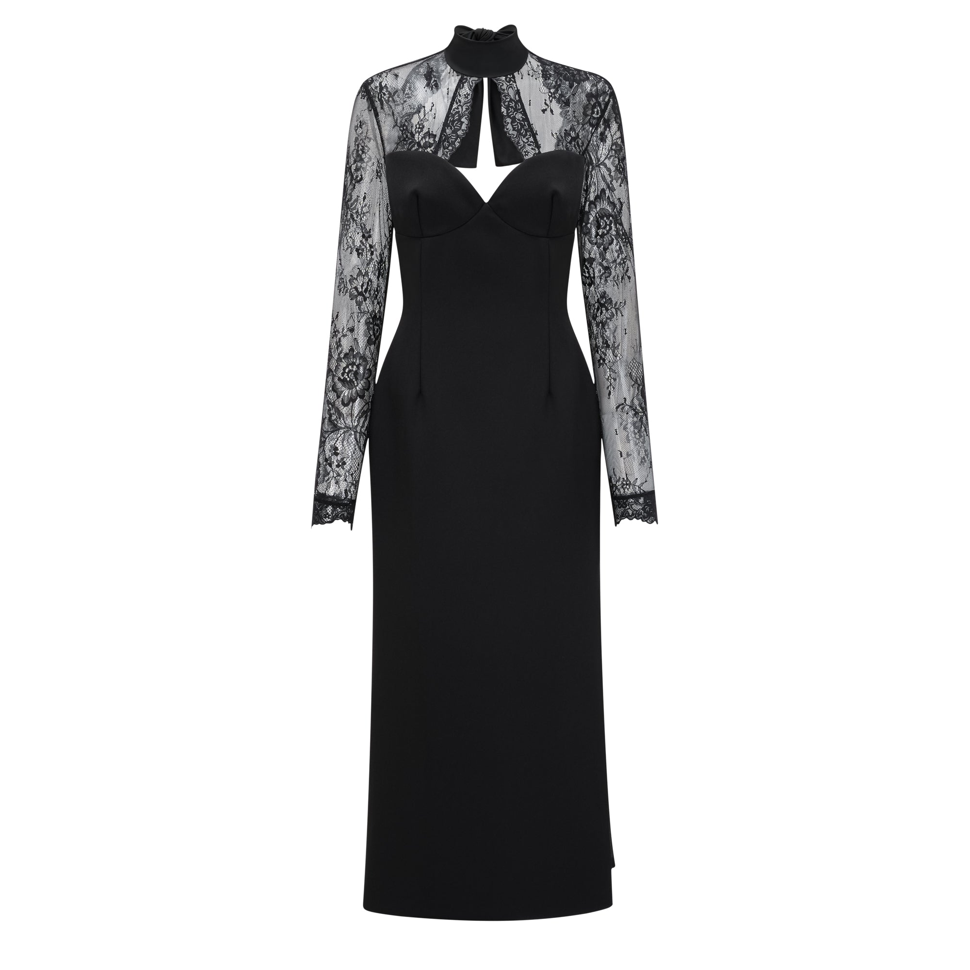 Vestido largo de novia Bridal Quierre en negro con paneles de encaje, diseño elegante y sofisticado para ocasiones especiales