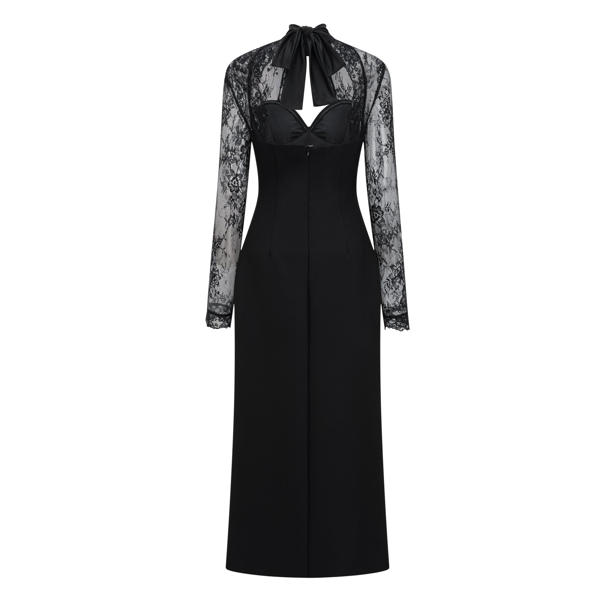 Vestido maxi negro de encaje con paneles de Bridal, vestido elegante de noche con detalles delicados en encaje.