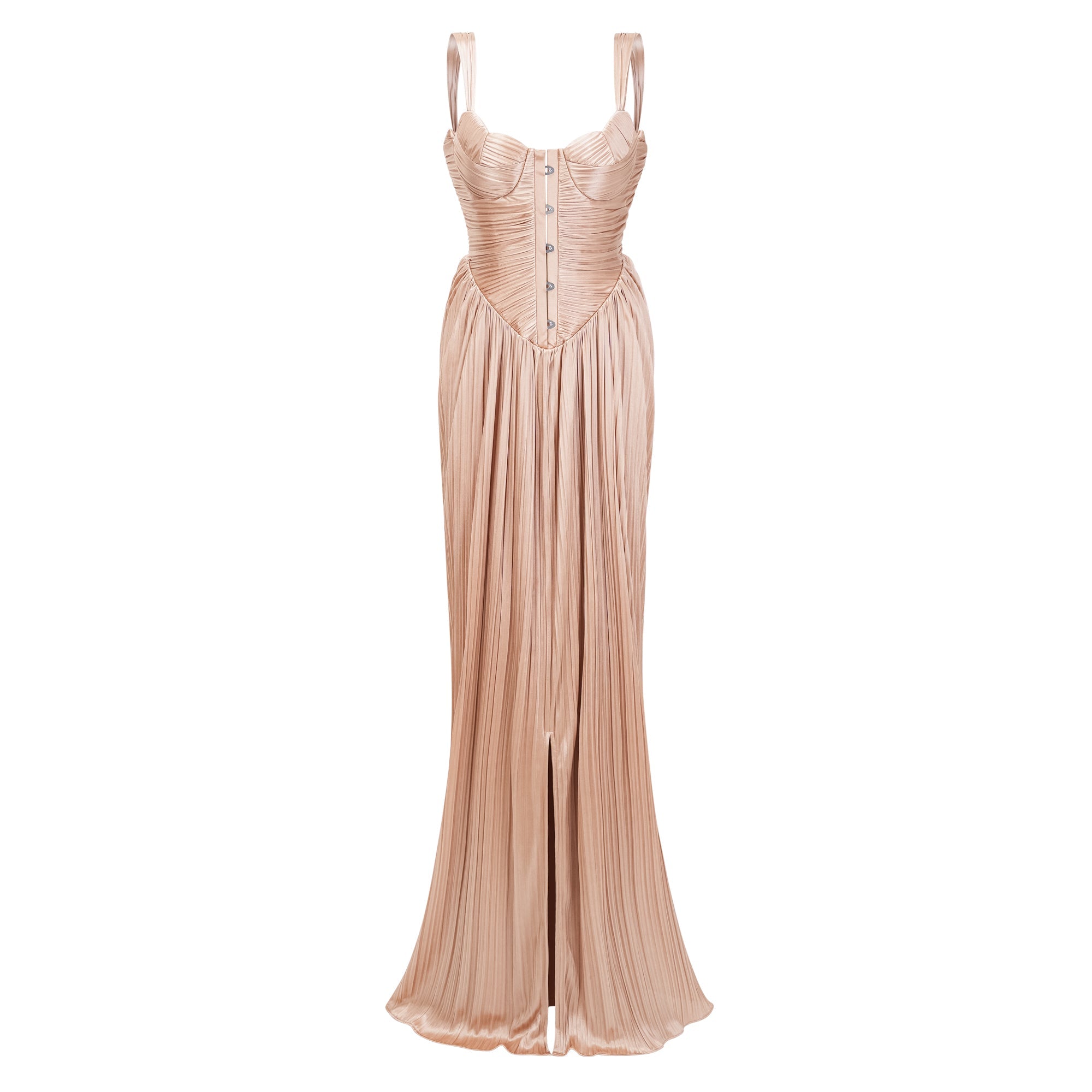 Vestido largo de novia Nicoletta en color dorado, con corsé plisado y acabado brillante, estilo maxi y elegante.