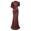 Luisa Brown Asymmetrical Gathered Satin Maxi Dress