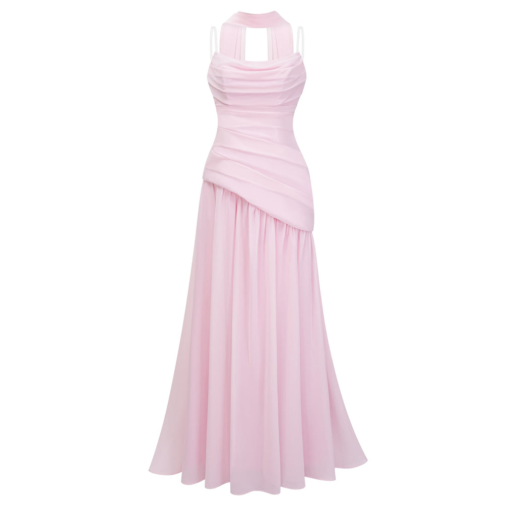 Vestido maxi de novia rosa sin tirantes con corsé de encaje y tela de chiffon, estilo elegante y romántico.