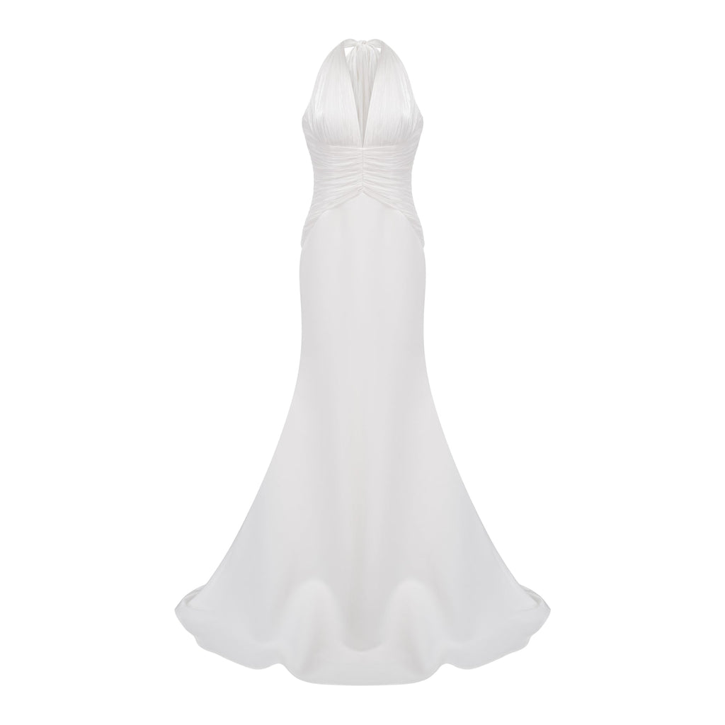 Vestido largo maxi Emmeline blanco con diseño de tren yfalda fruncida, estilo elegante y sofisticado para ocasiones especiales