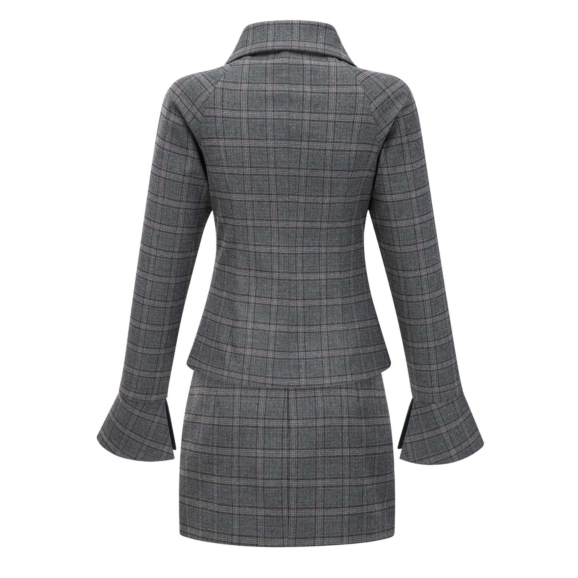 Conjunto de blazer y falda a cuadros en gris Serena, con detalles de corte, para un estilo elegante y moderno.