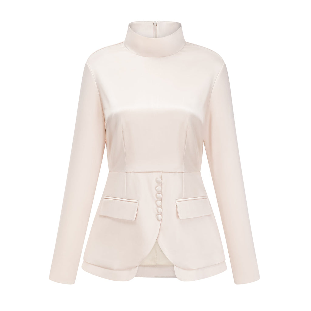 Conjunto de blusa neutra con cuello alto y falda sirena de Bridal, vista frontal mostrando el estilo elegante y moderno.
