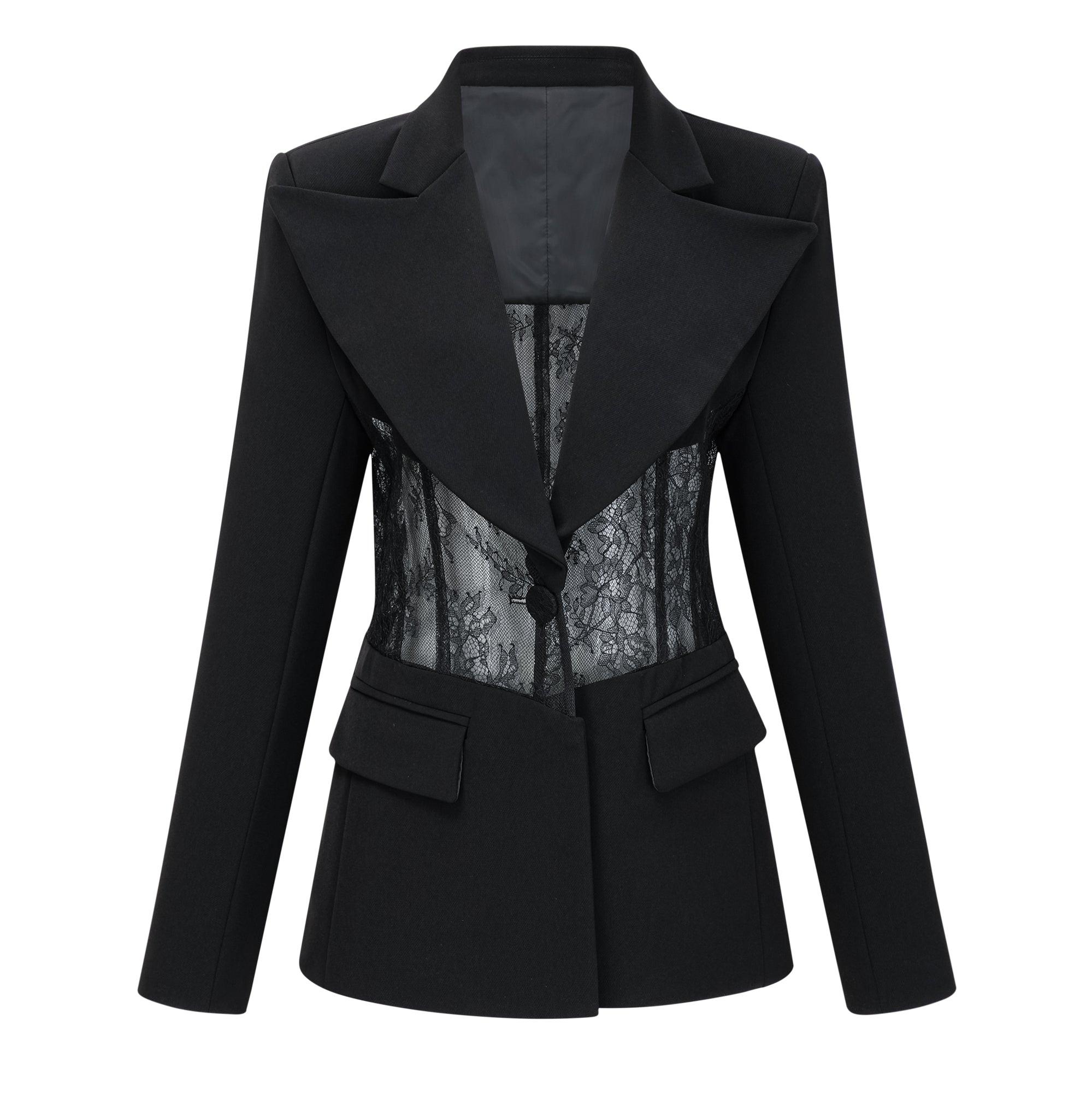 Blazer negro de encaje floral Verena Bridal con paneles elegantes, ideal para ocasiones especiales o bodas.