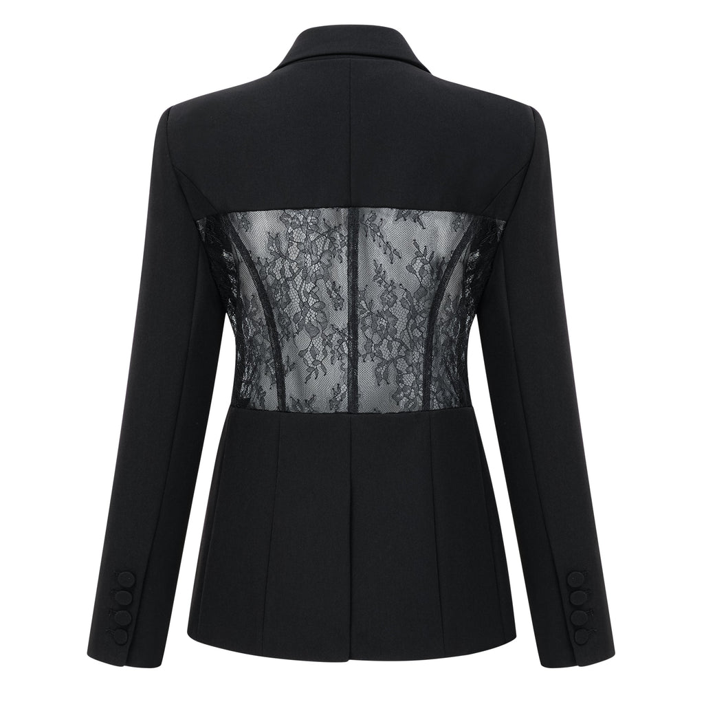 Blazer negro con panel de encaje floral Verena Bridal, estilo elegante y sofisticado para ocasiones especiales.