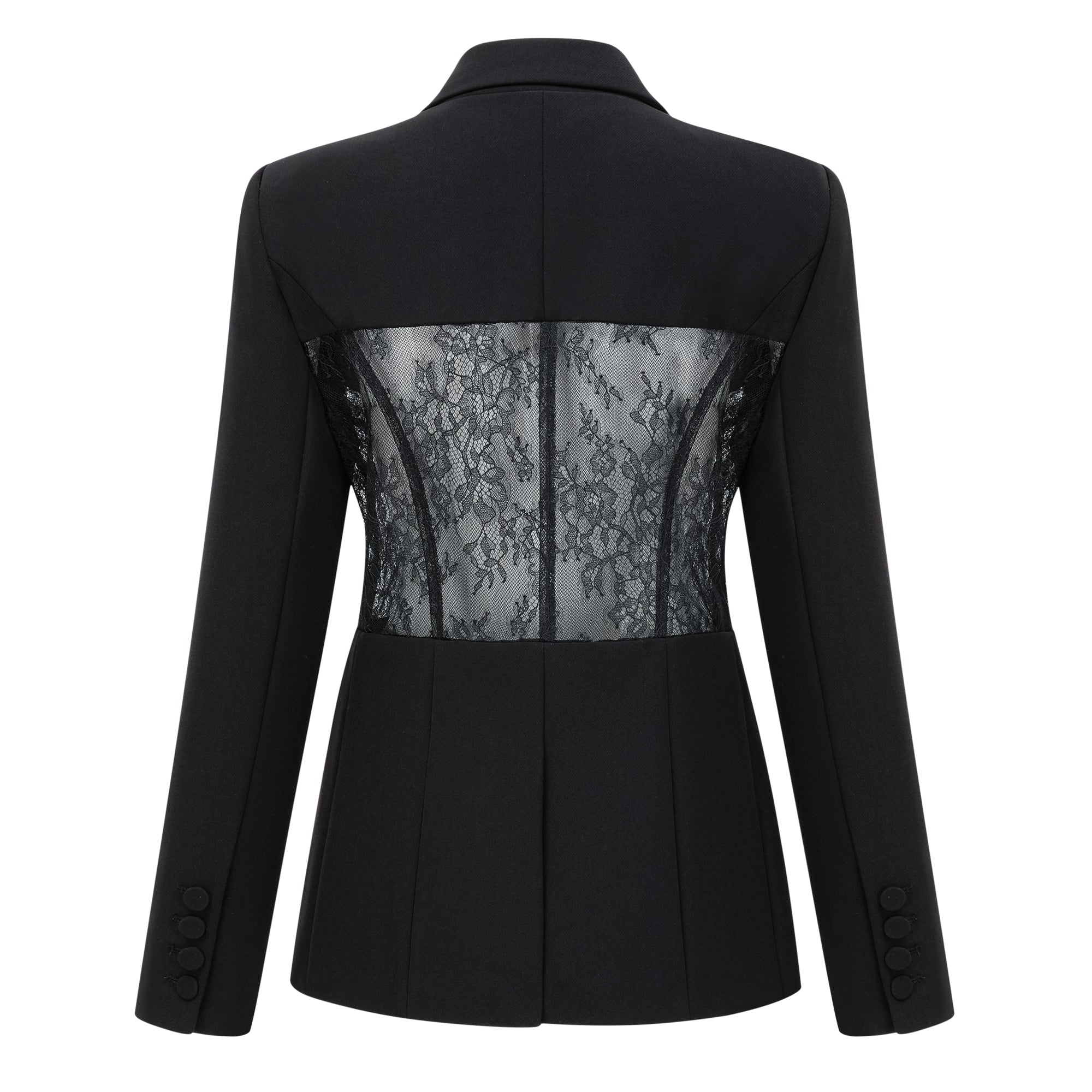 Blazer negro con panel de encaje floral Verena Bridal, estilo elegante y sofisticado para ocasiones especiales.