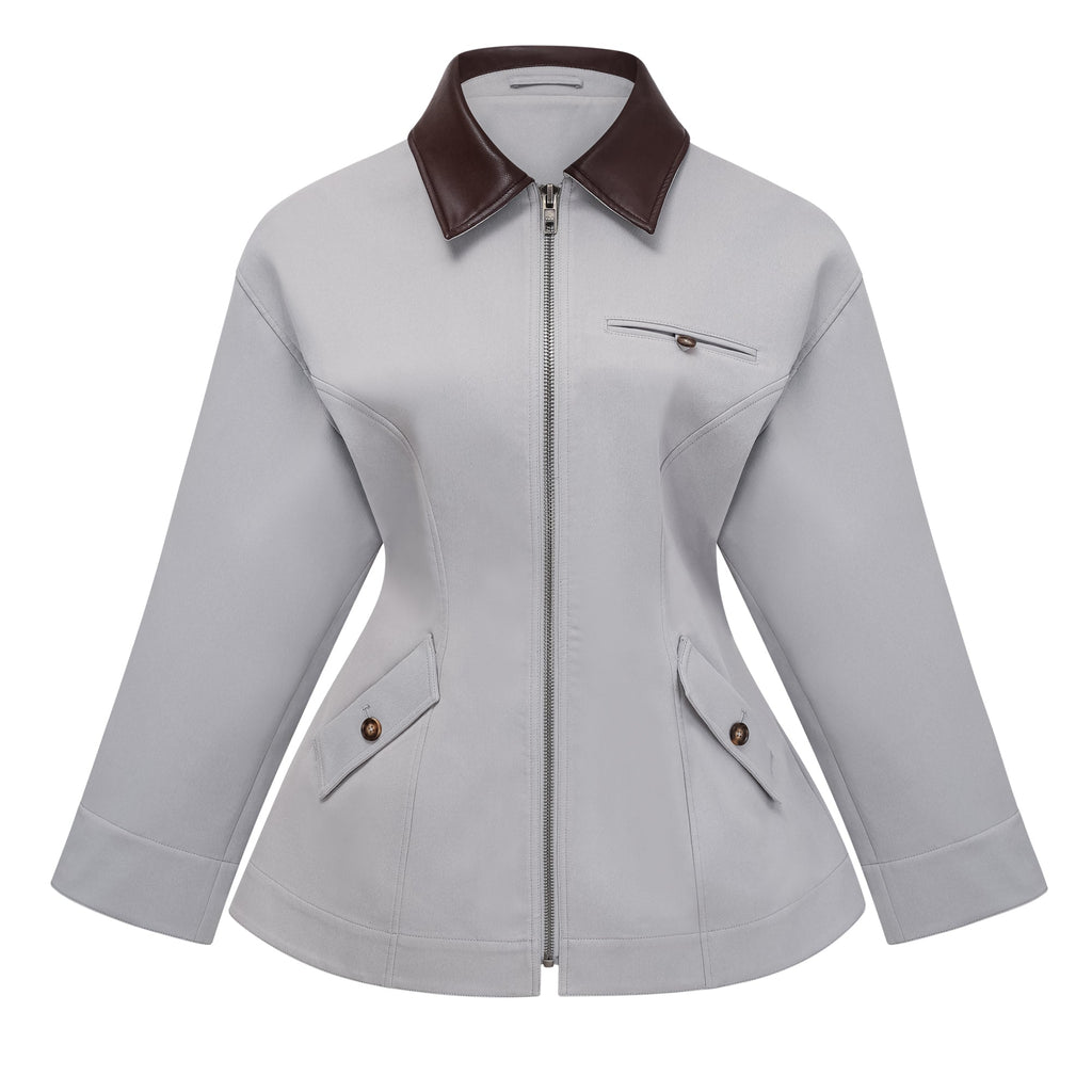 Chaqueta de caza Bridal Vilma en cuero gris con forro y detalles resistentes, vista frontal del collar y cinturón ajustable.