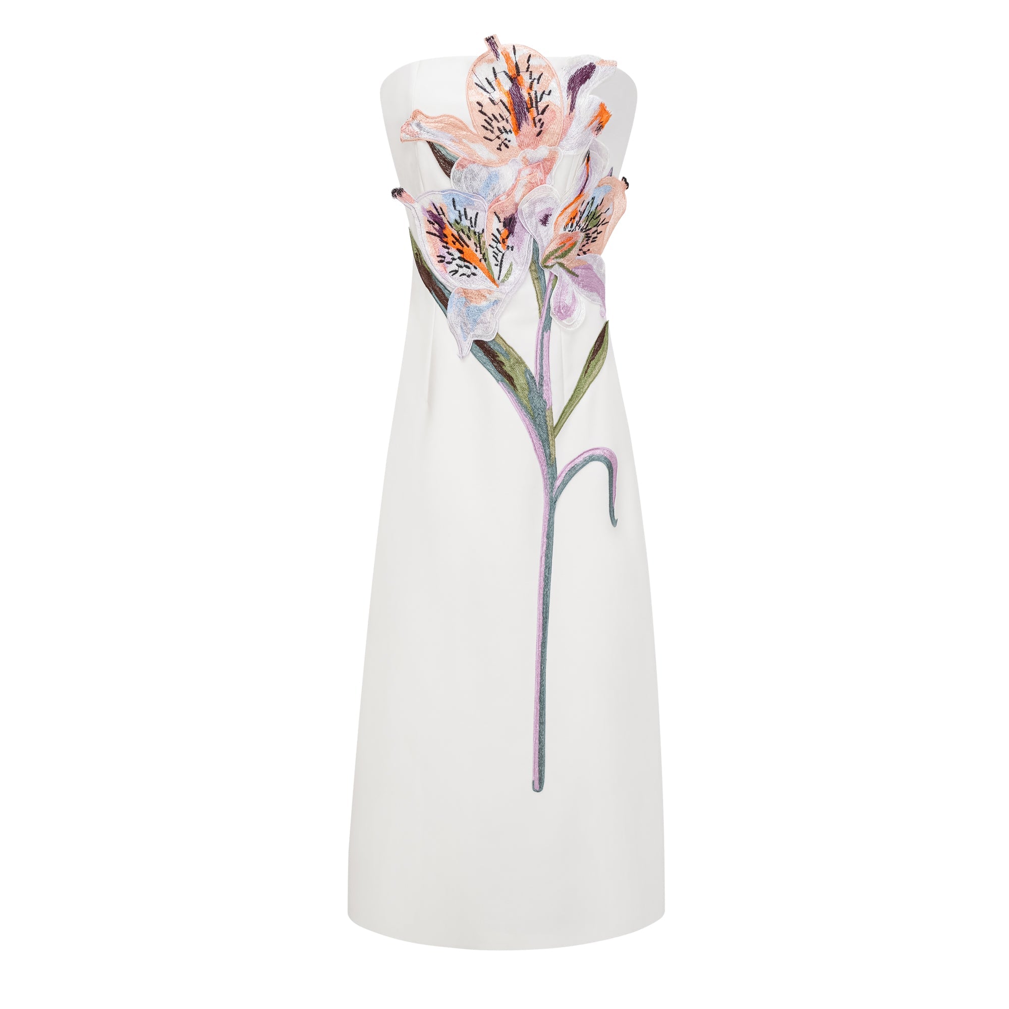 Vestido maxi blanco con bordados florales de otoño de la marca Bridal, con detalles elegantes y estilo romántico.