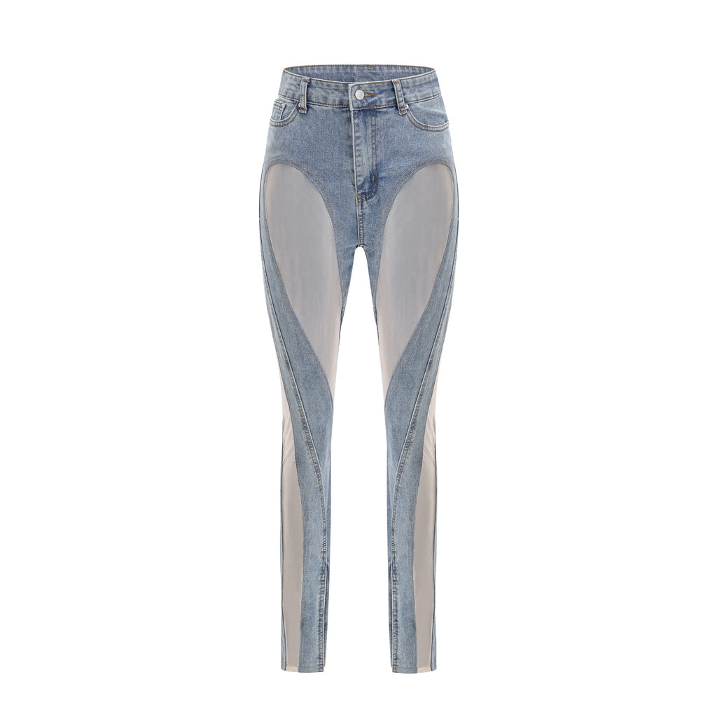 Jeans de mezclilla con paneles transparentes Aélis de la marca Final Sale, estilo moderno y ajustado.