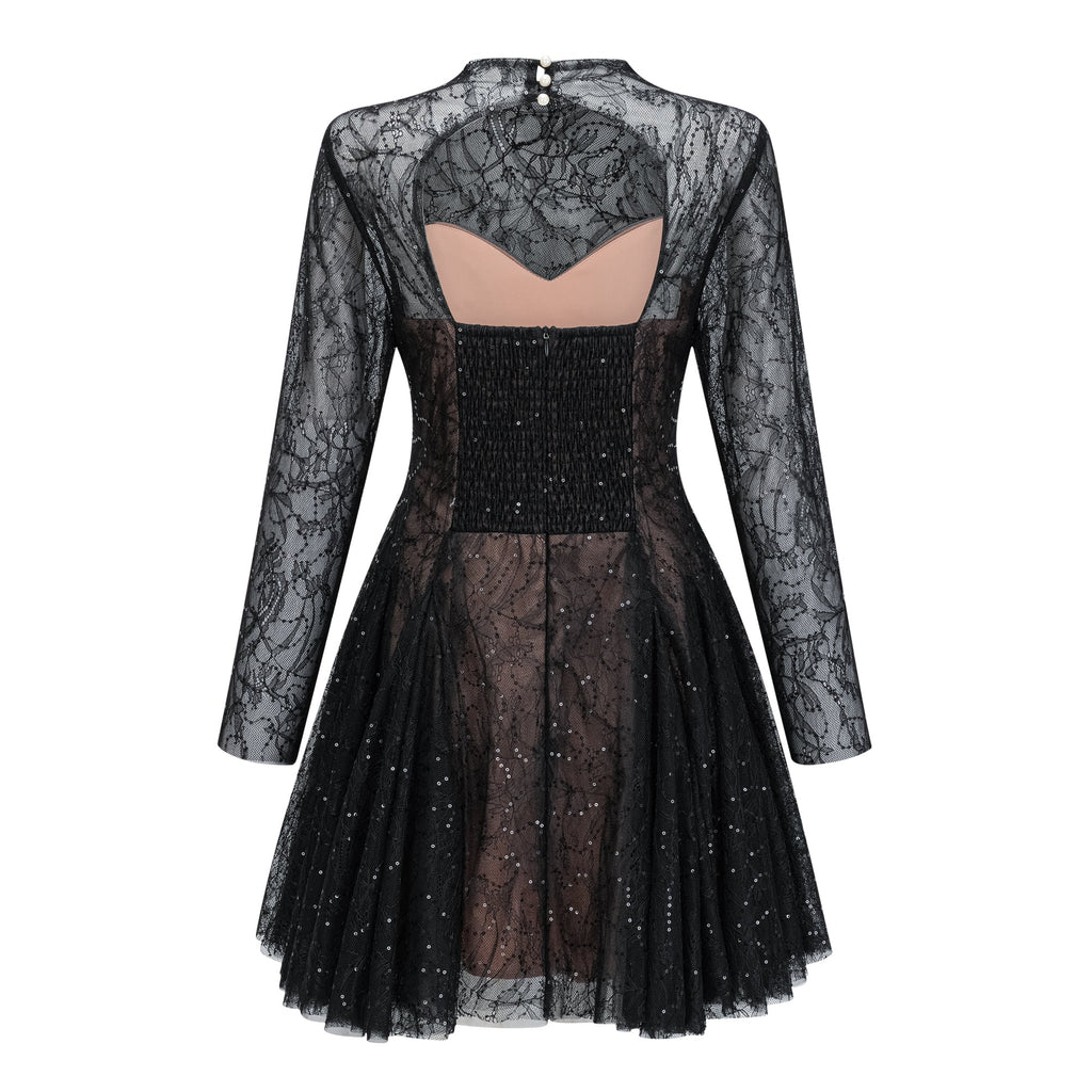 Vestido mini de encaje con lentejuelas negras y diseño floral de Bridal, para ocasiones elegantes y sofisticadas.