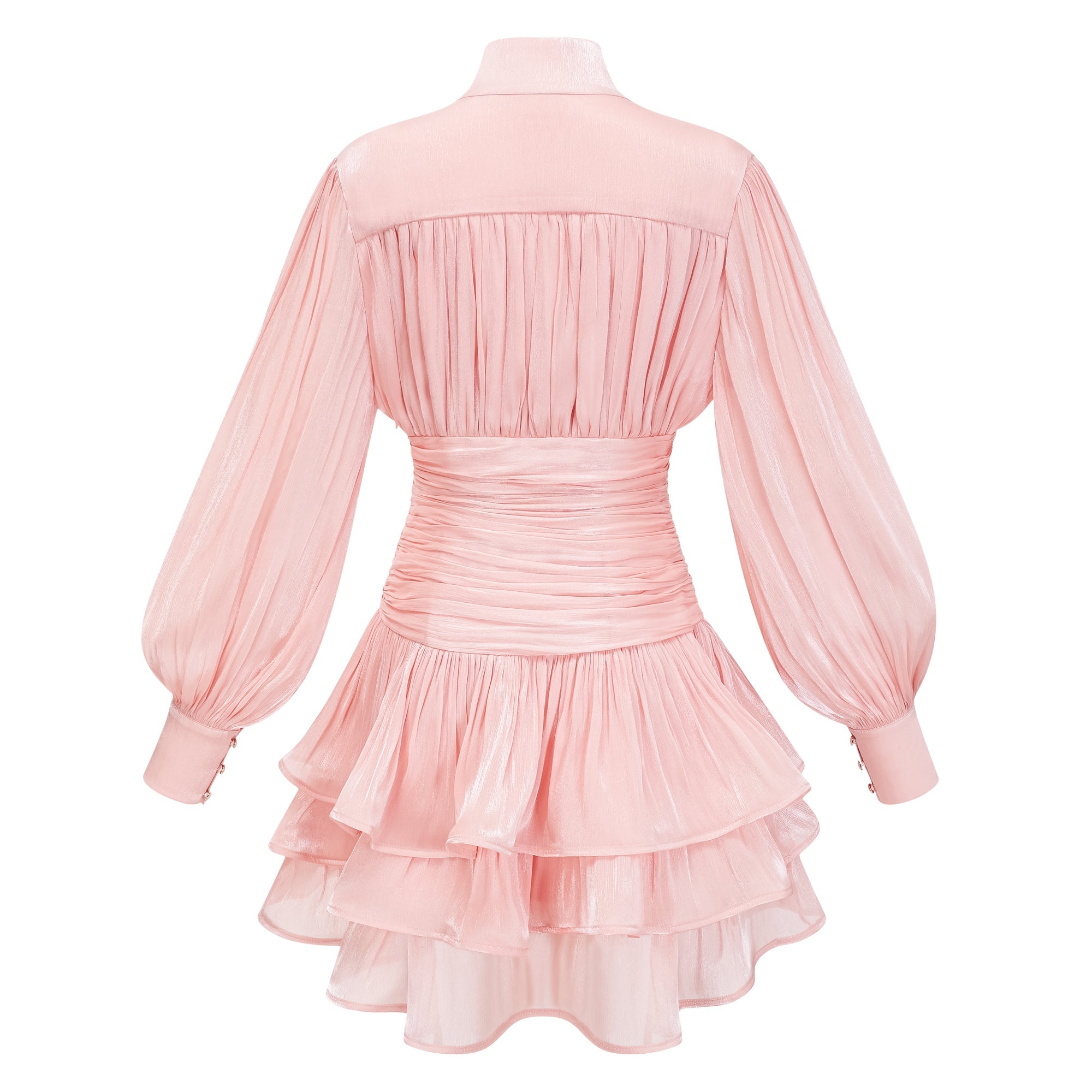 Vestido corto rosa de alta cuello y detalles de volantes de la marca Bridal, con diseño elegante y femenino.