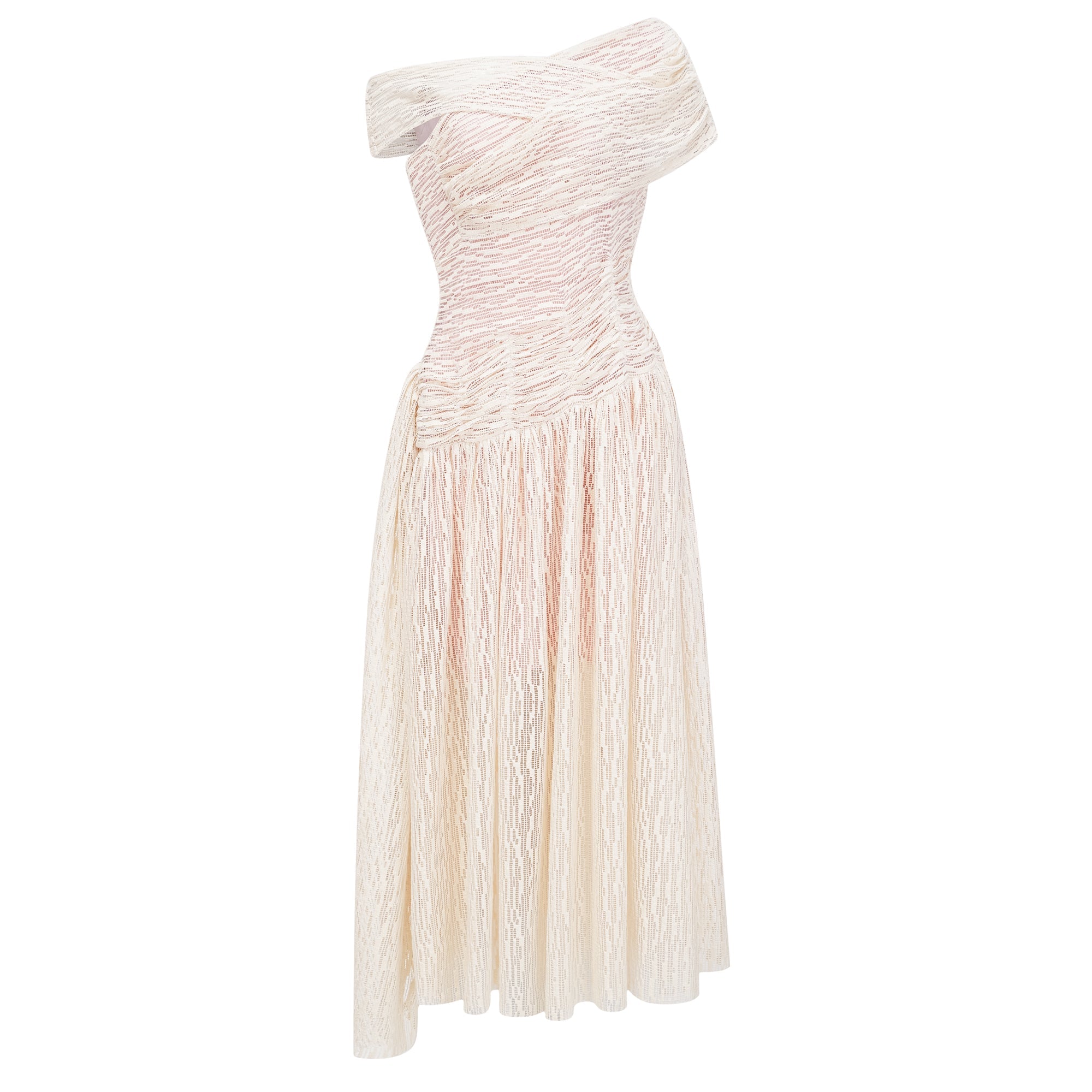 Vestido midi de novia Thale Neutral, asimétrico, texturizado y fruncido, con diseño elegante y moderno.