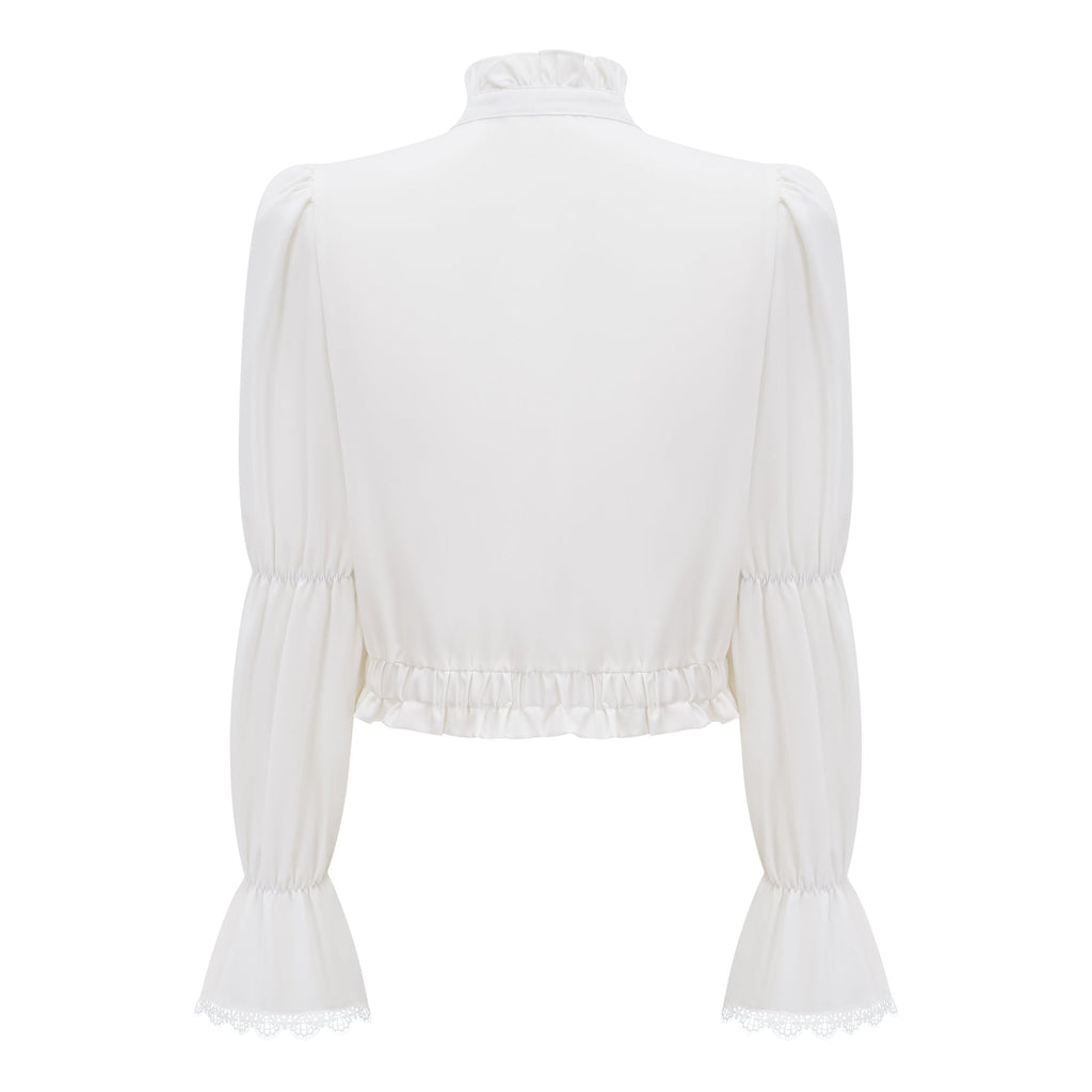 Paulette white bowknot shirred-panel ruffled shirt