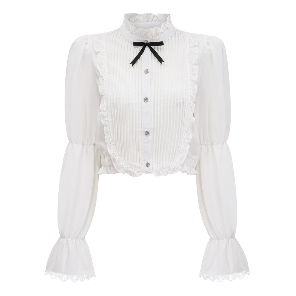 Paulette white bowknot shirred-panel ruffled shirt