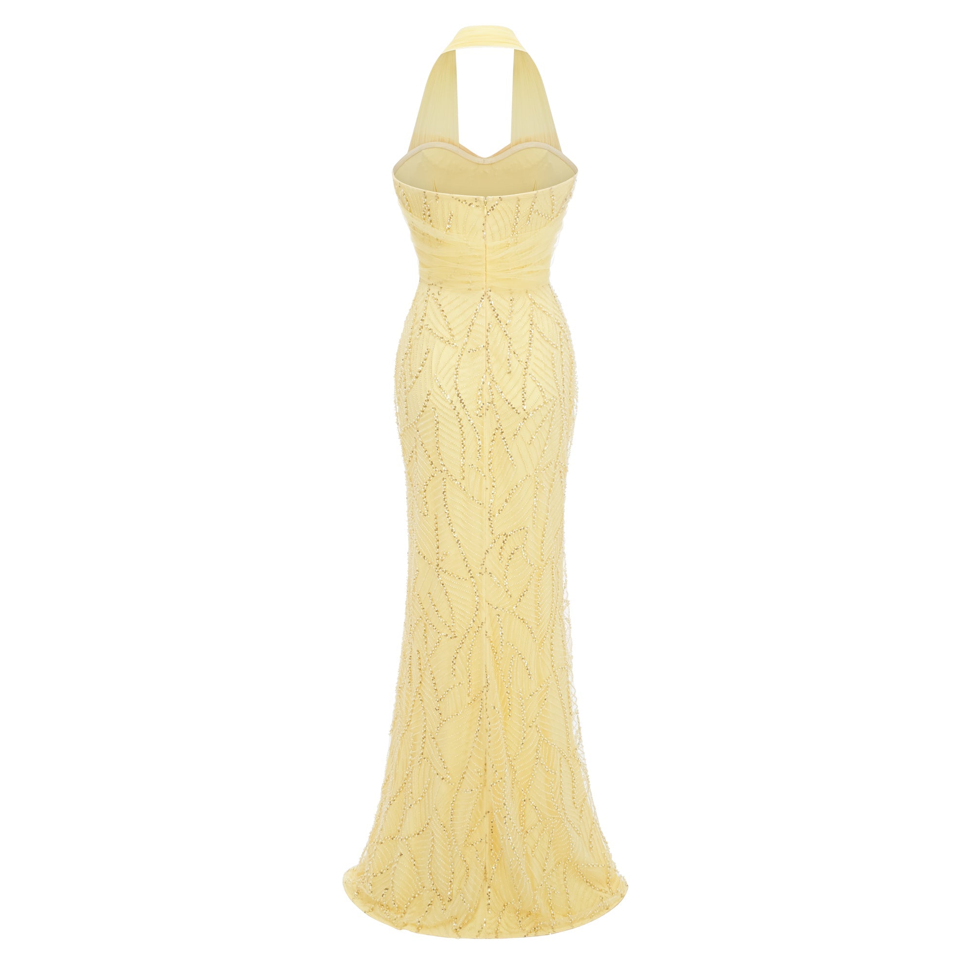 Vestido maxi amarillo con lazo en halter de MRNewyork, estilo elegante y cómodo para ocasiones especiales, con acabado en falda larga.