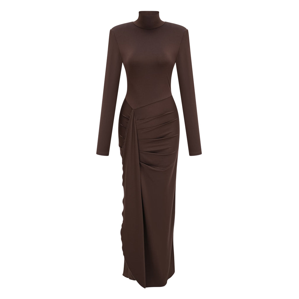 Neve Brown High Neck Twist Knot Maxi Dress