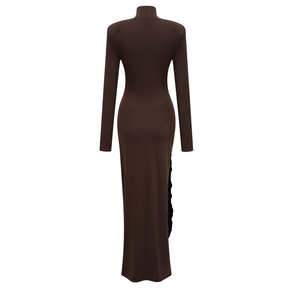 Neve Brown High Neck Twist Knot Maxi Dress