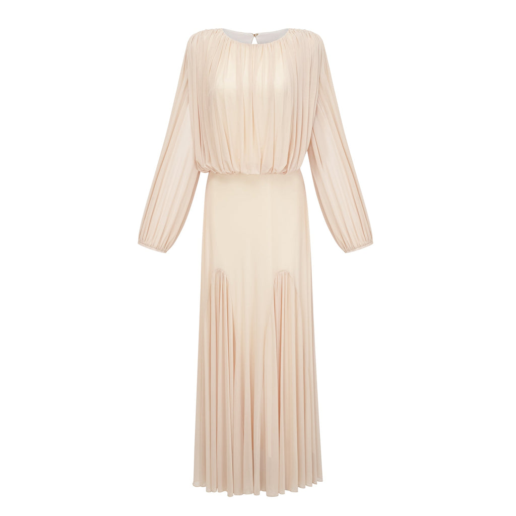 Vestido maxi amarillo de novia con mangas farol y pliegues, estilo elegante y fluido, perfecto para bodas y eventos formales.