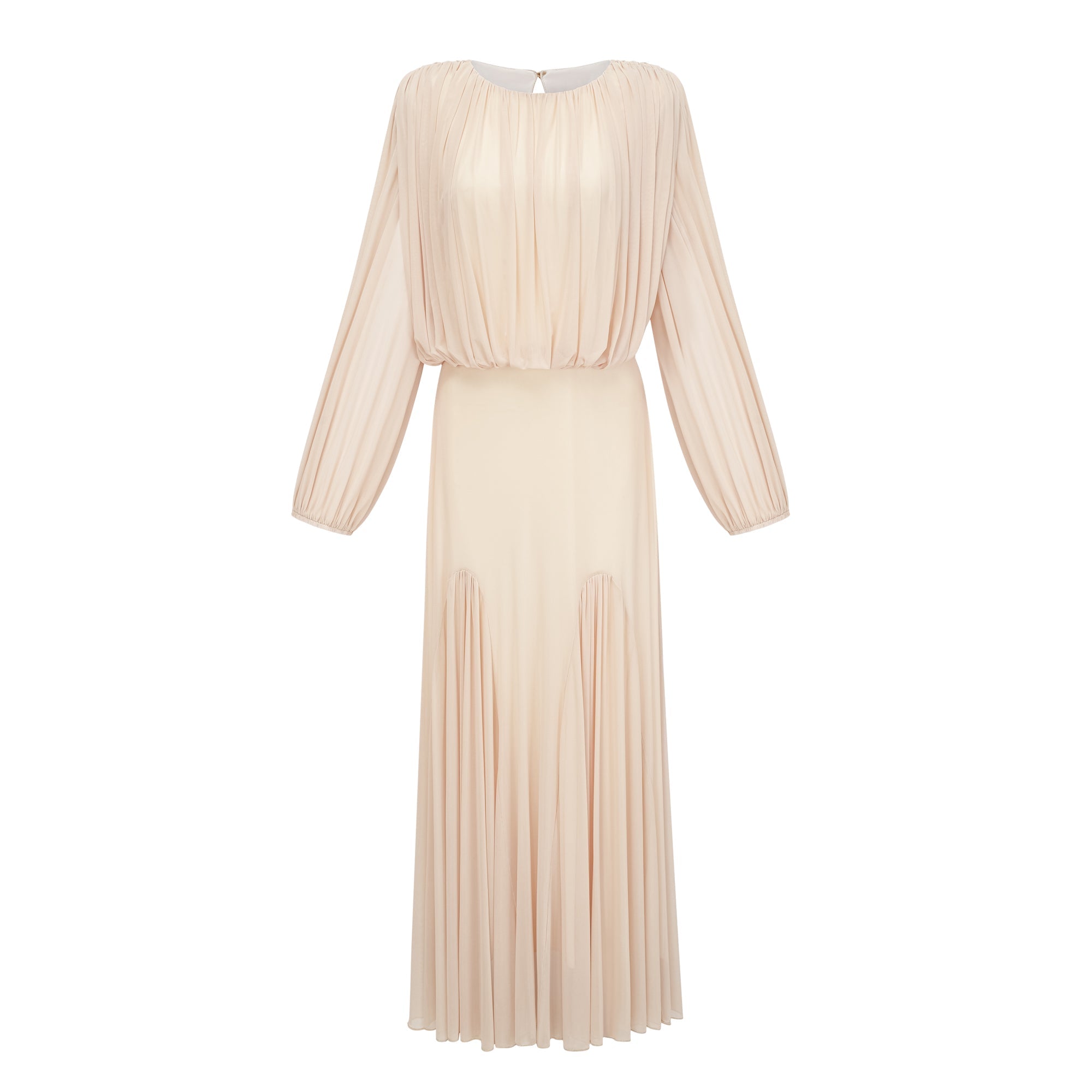 Vestido maxi amarillo de novia con mangas farol y pliegues, estilo elegante y fluido, perfecto para bodas y eventos formales.