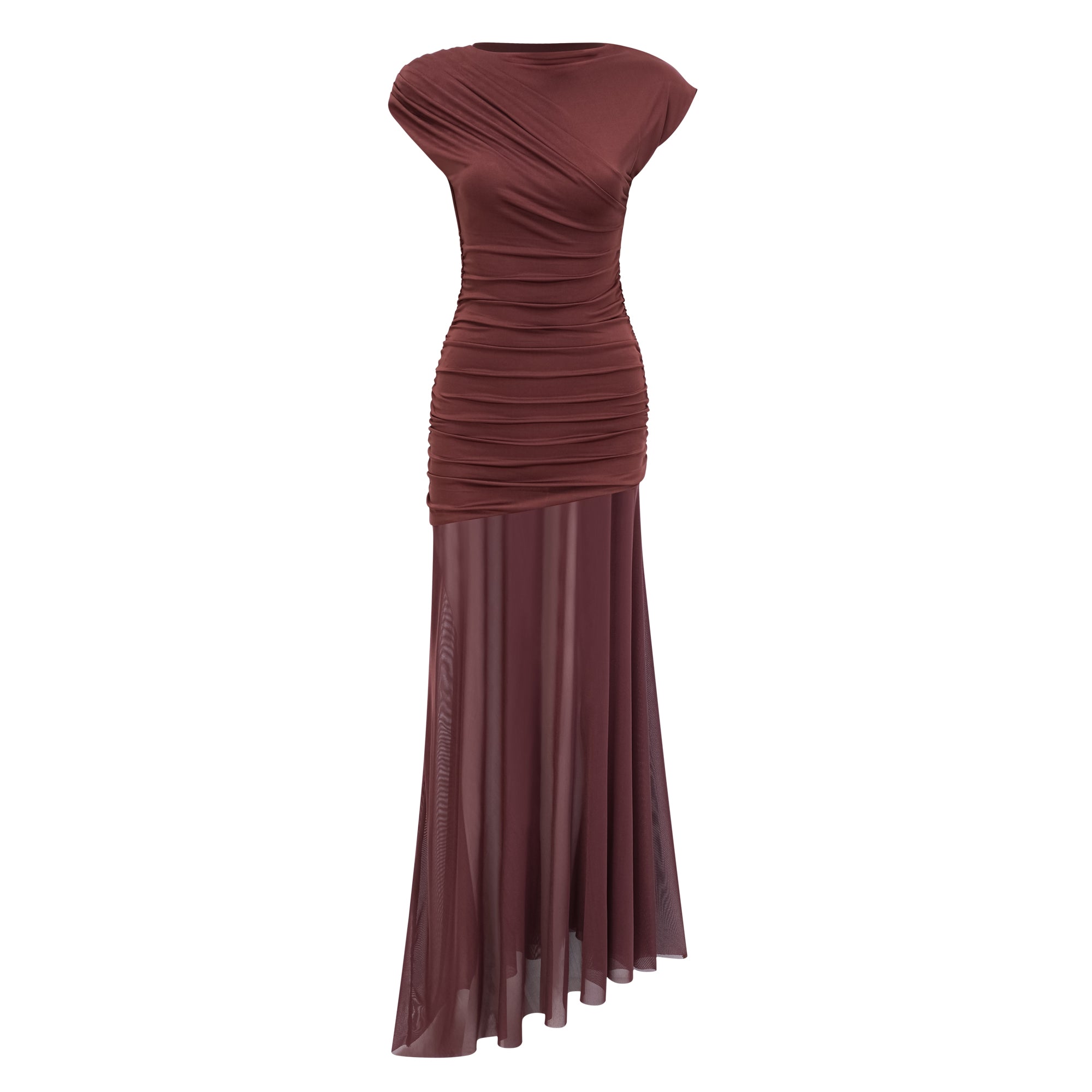 Vestido largo de tul marrón Seren Brown con paneles fruncidos, diseñado por Bridal, con detalles elegantes y estilo maxi.