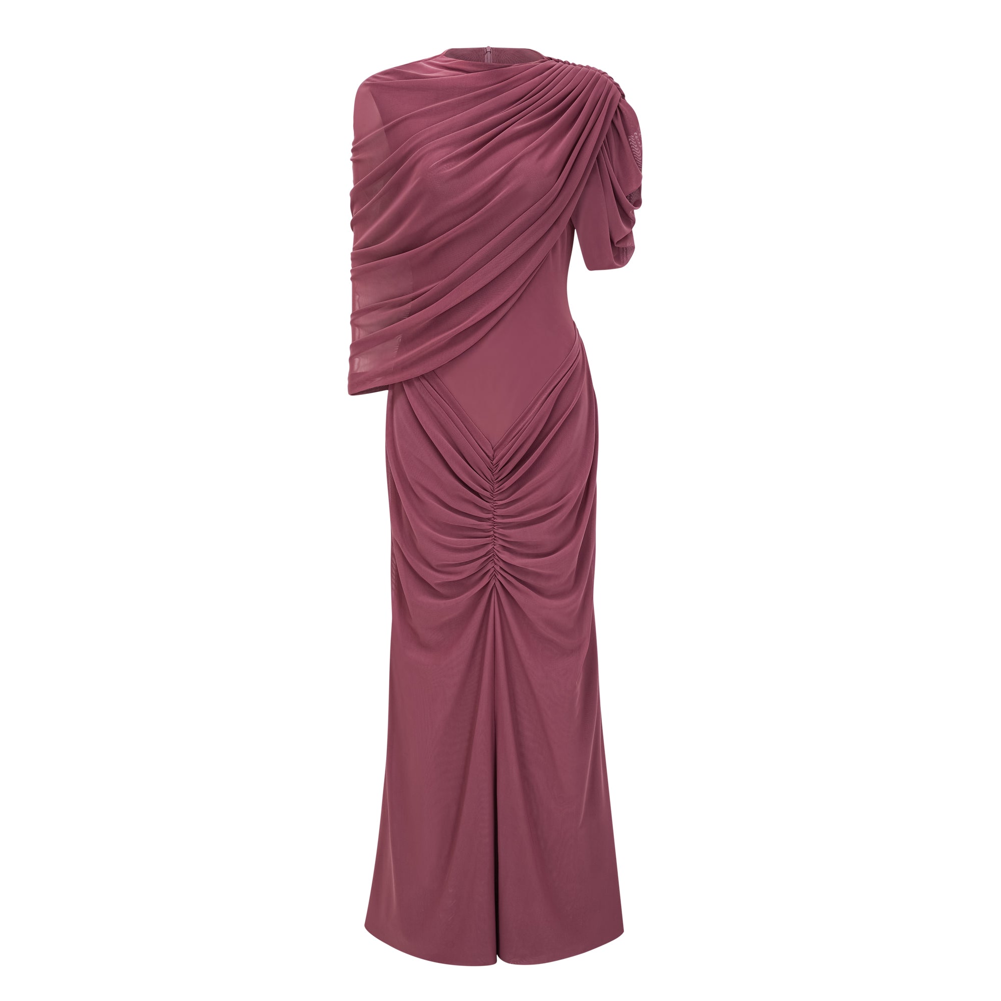 Vestido maxi asimétrico de novia Liliana Brown con volantes y tela arrugada, diseñado para bodas elegantes.