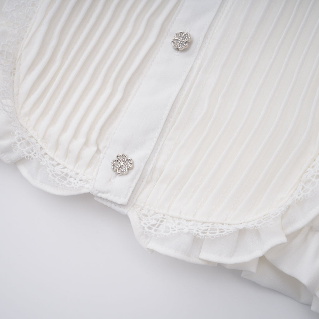 Paulette white bowknot shirred-panel ruffled shirt