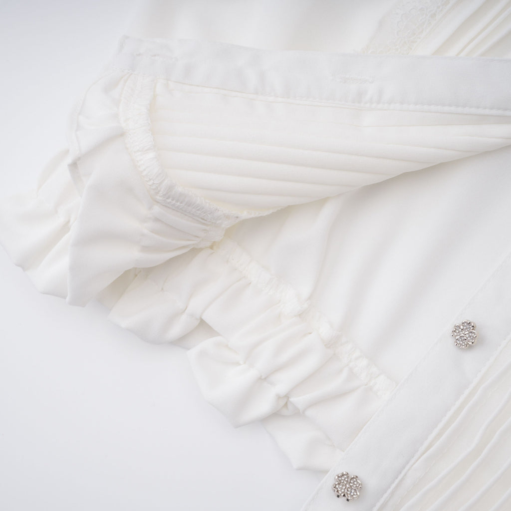 Paulette white bowknot shirred-panel ruffled shirt