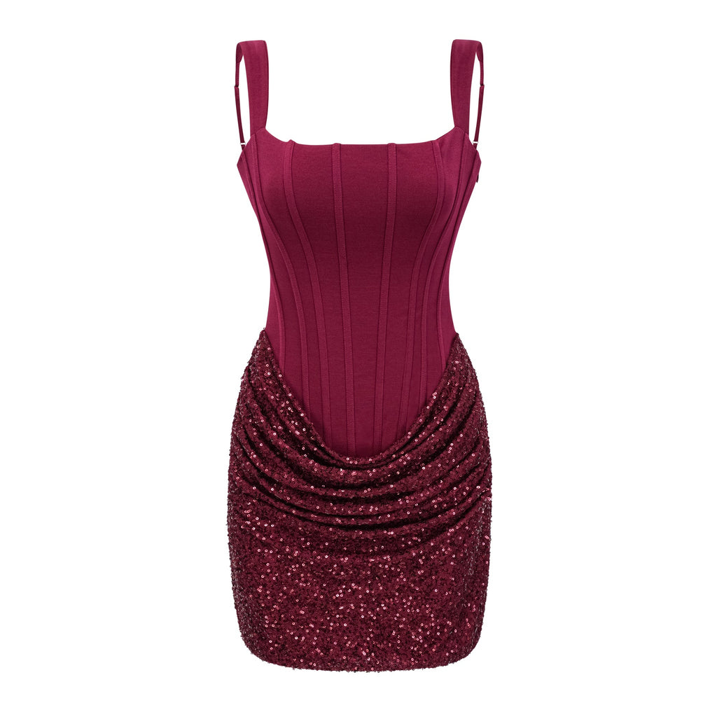 Vestido mini ajustado rojo con adornos y fruncido de Bridal, vestido de fiesta elegante y ajustado para ocasiones especiales.