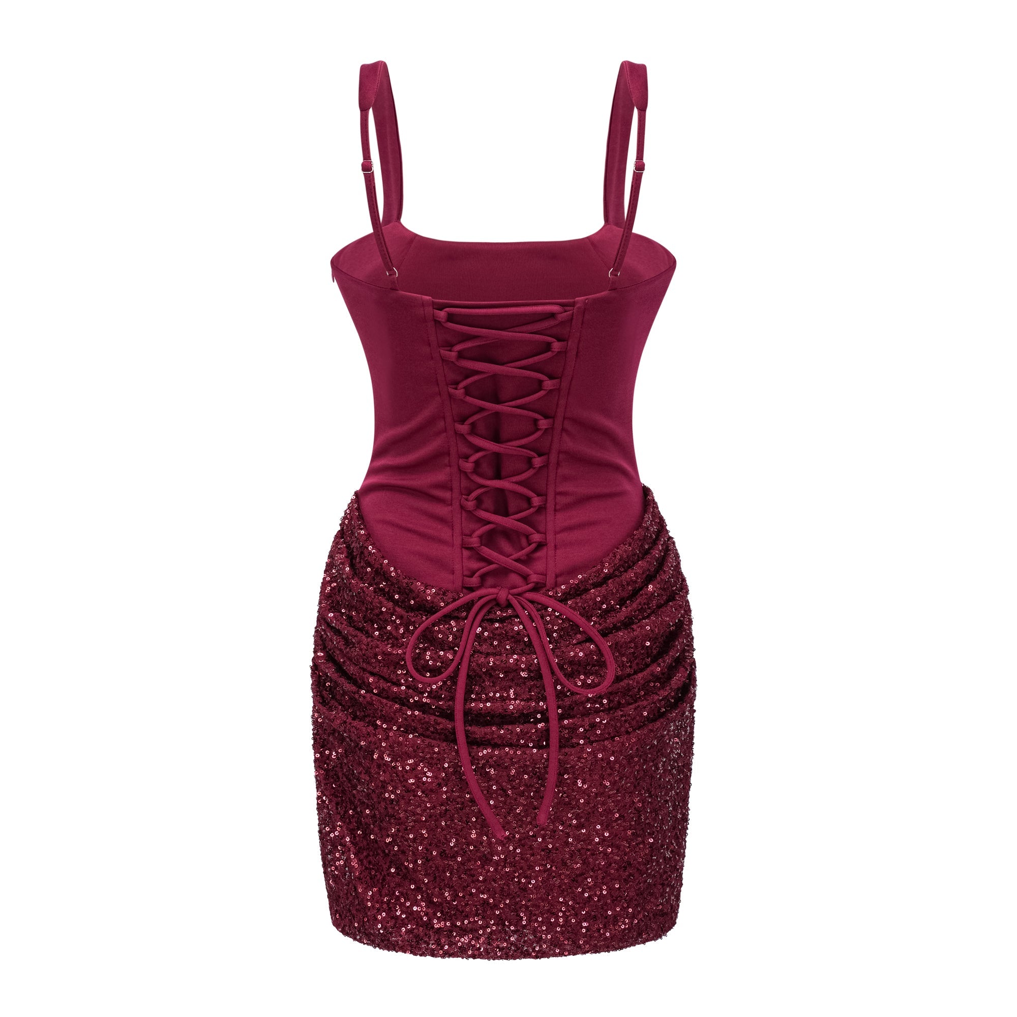 Vestido mini ajustado rojo de MRNewyork, con detalles embellishments y efecto ruched, para ocasiones elegantes.