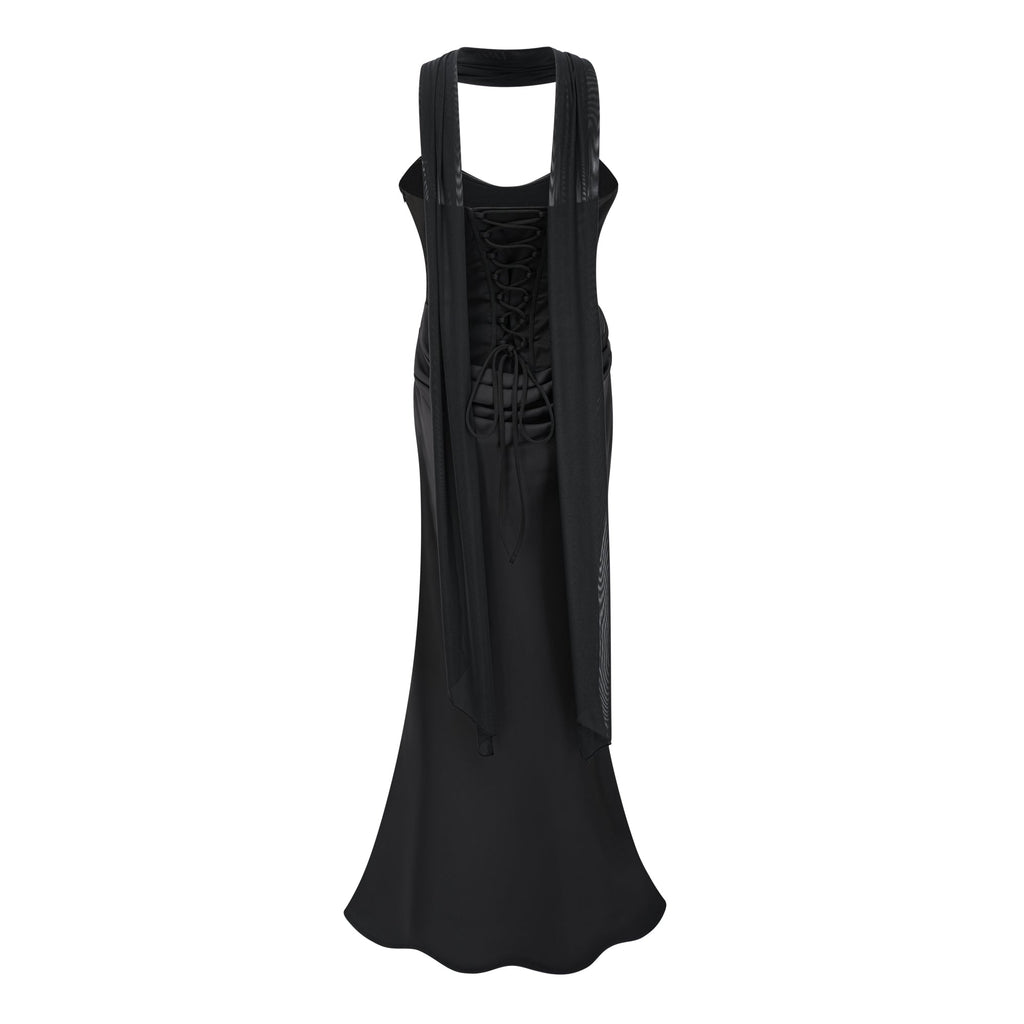 Berit Black Scarf Off Shoulder Ruched Maxi Dress