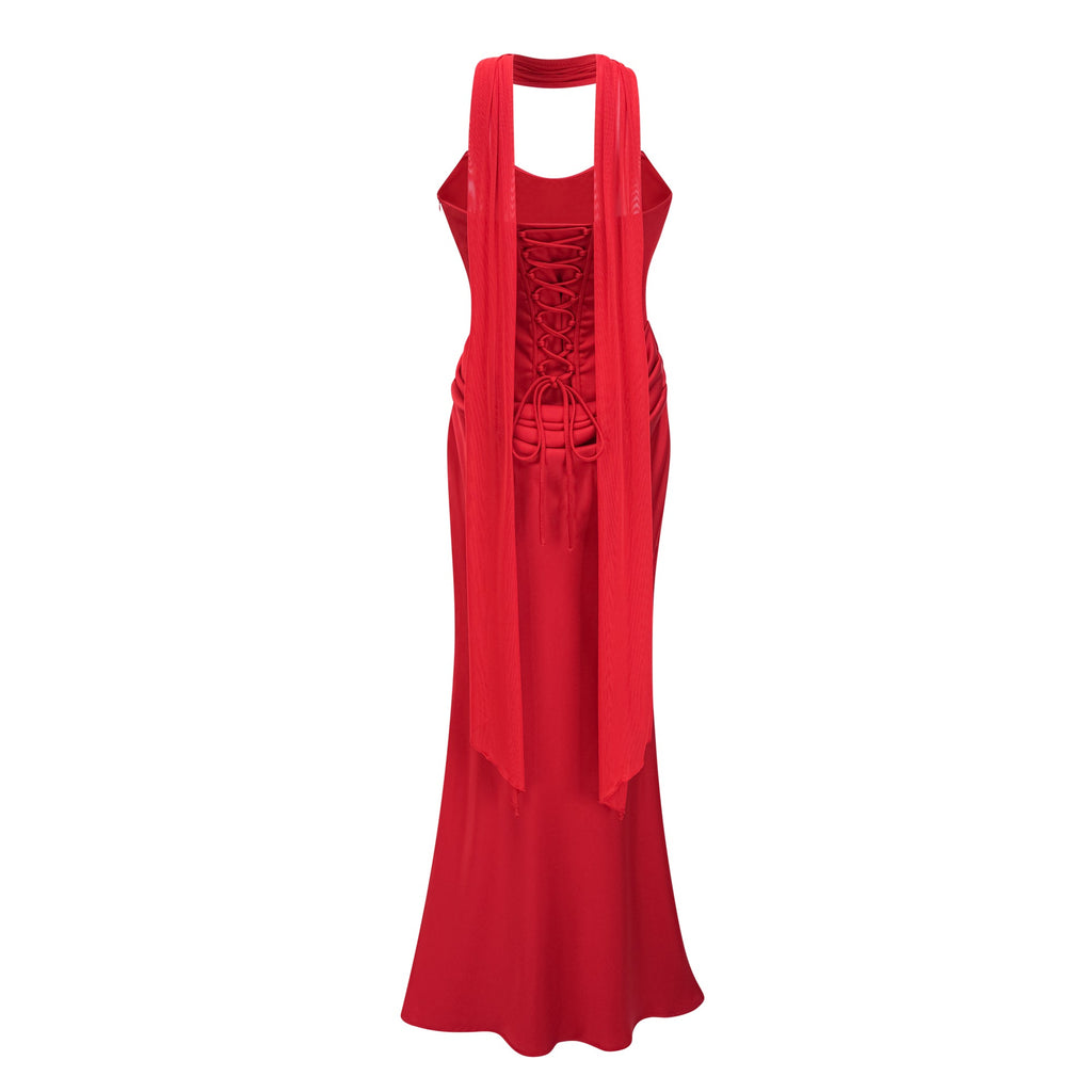 Bufanda roja Berit, vestido largo de novia con hombros descubiertos y drapeado, en color rojo, estilo maxi elegante.