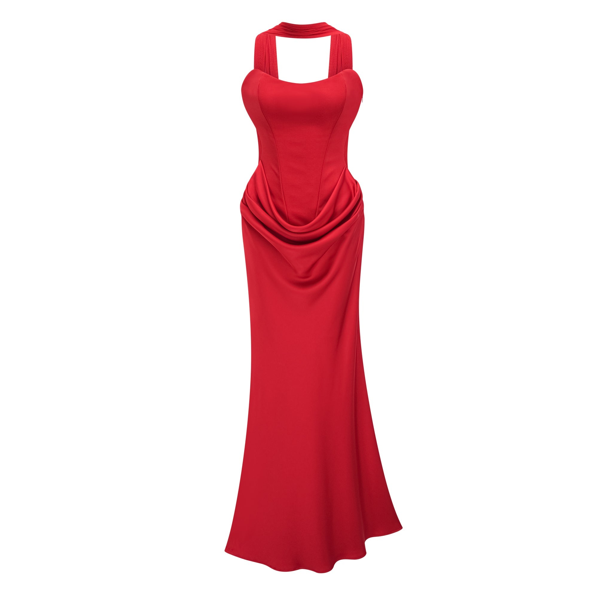 Vestido maxi de novia de hombro caído con bufanda roja Berit, con detalles fruncidos y estilo elegante para ocasiones formales.