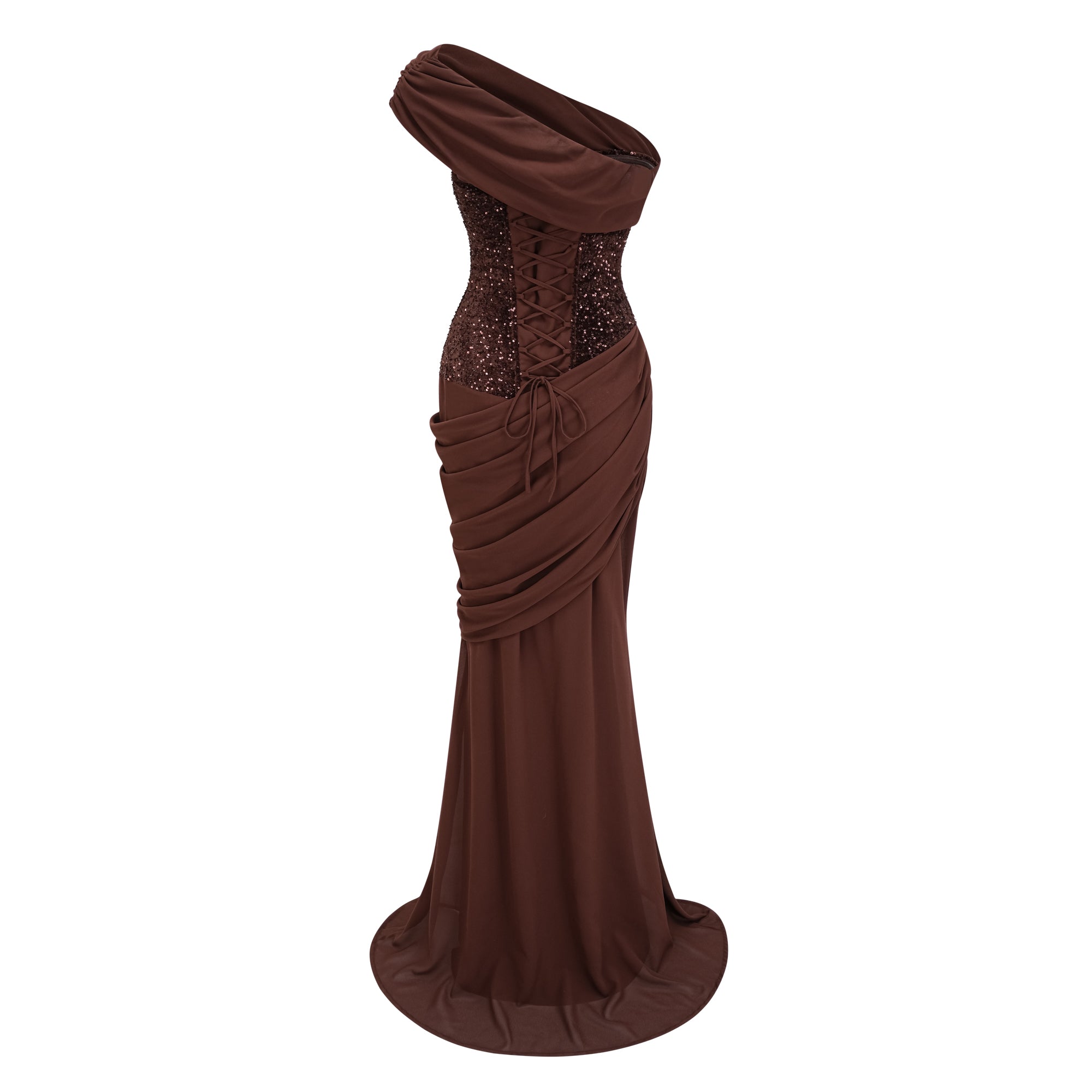 Vestido de noche maxi asimétrico de bronce con lentejuelas y fruncido, diseñado por Bridal.