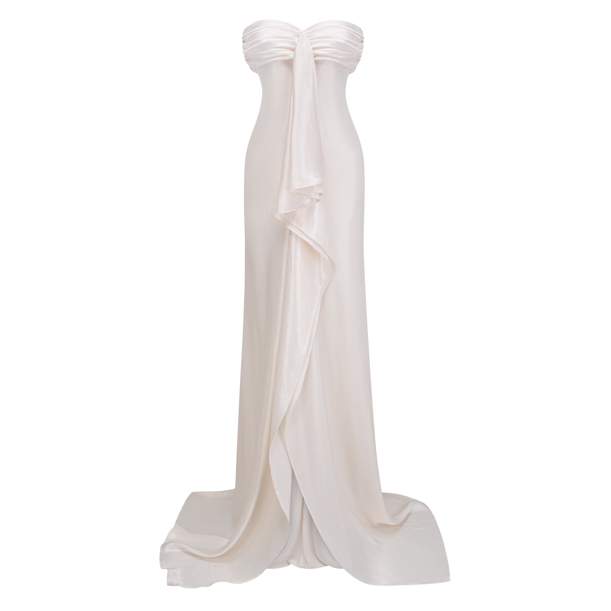 Vestido largo de satén rosa claro sin tirantes con volantes, diseño de boda estilo maxi de la marca Bridal.